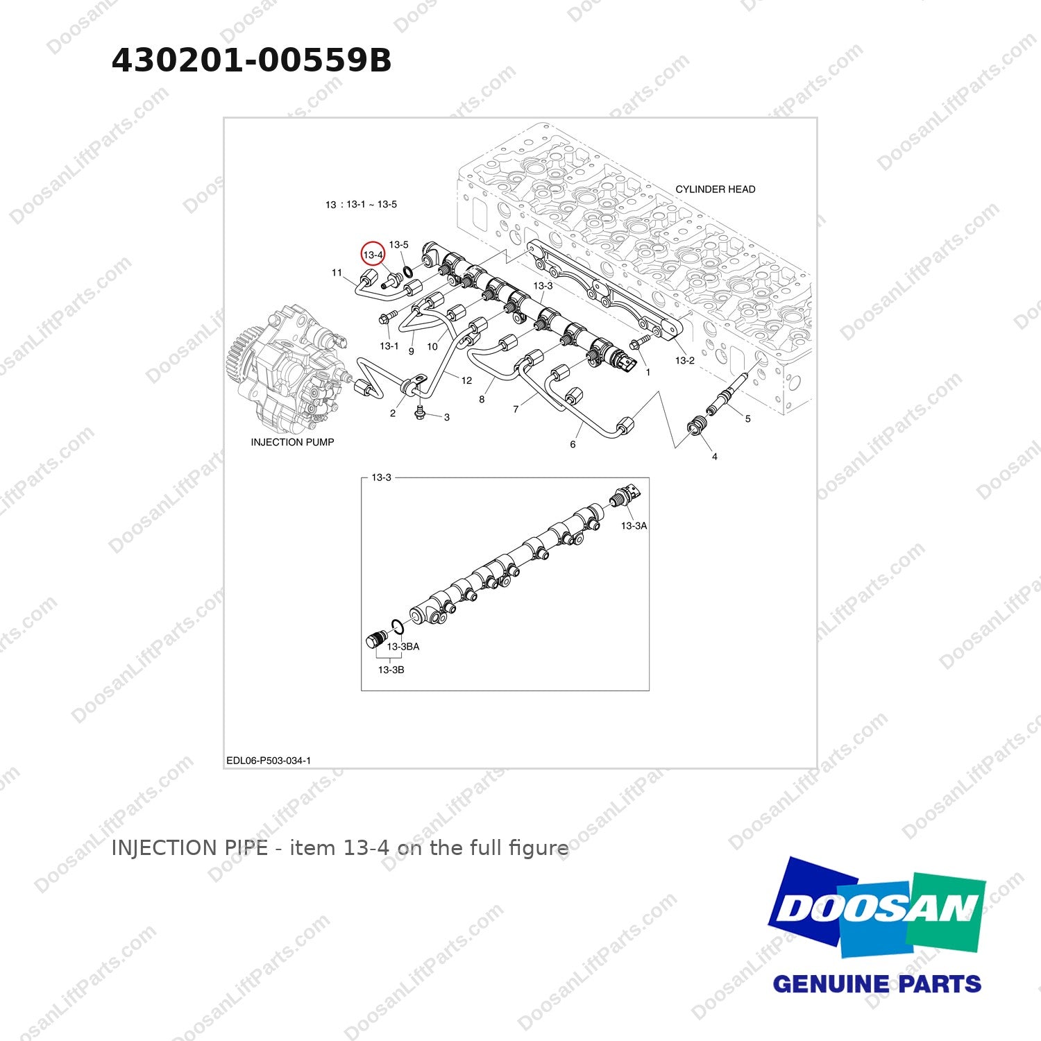 430201-00559B INJECTION PIPE - full parts diagram, item 13-4 marked - genuine Doosan / Bobcat forklift part