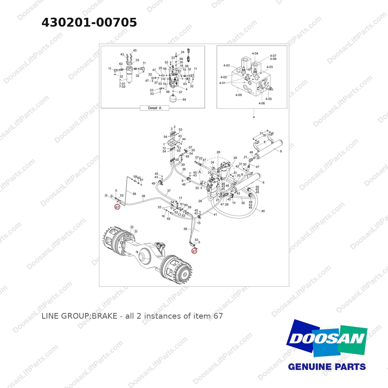 430201-00705 LINE GROUP;BRAKE - full parts diagram, item 67 marked - genuine Doosan / Bobcat forklift part