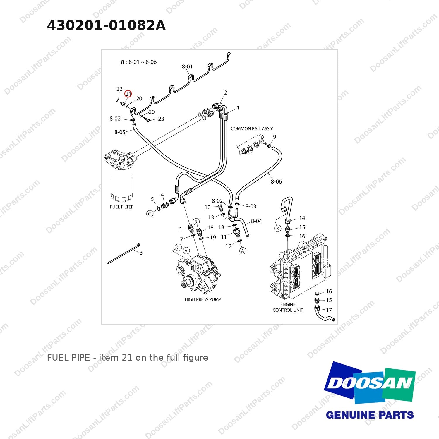 430201-01082A FUEL PIPE - full parts diagram, item 21 marked - genuine Doosan / Bobcat forklift part