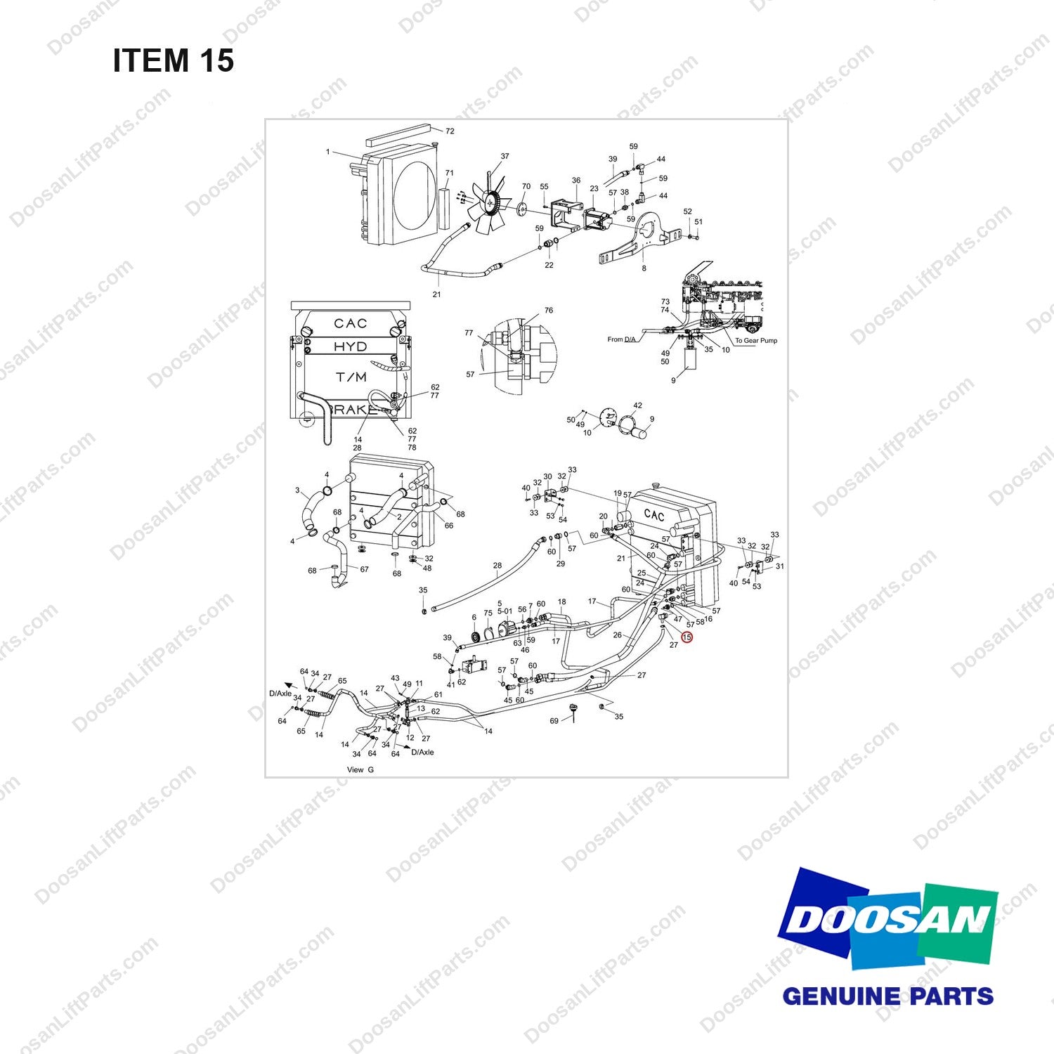 430201-01307 Lines Gp-Fuel & Cooler-OCD Type Brake - full parts diagram, item 15 marked - genuine Doosan / Bobcat forklift part