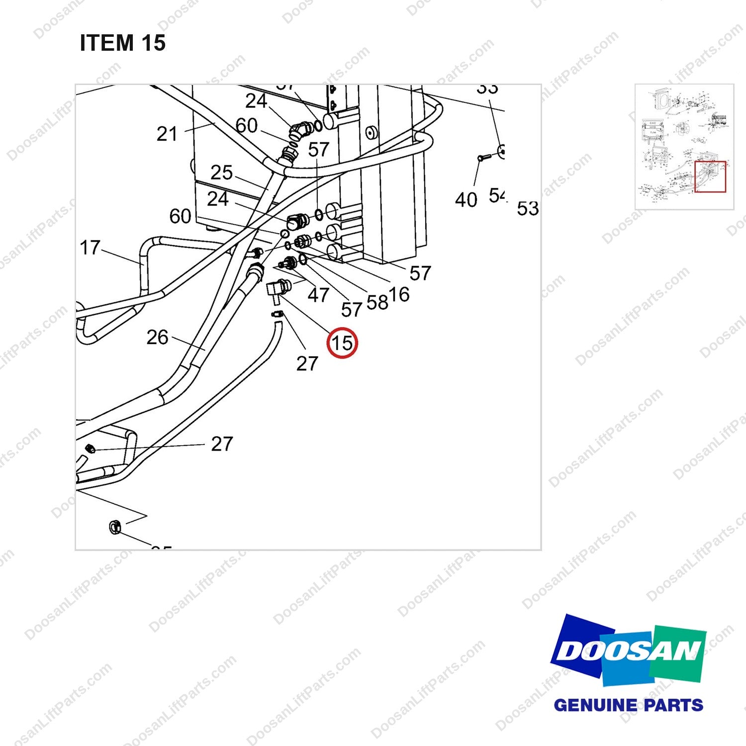 430201-01307 Lines Gp-Fuel & Cooler-OCD Type Brake - parts diagram, item 15 shown - genuine Doosan / Bobcat forklift part