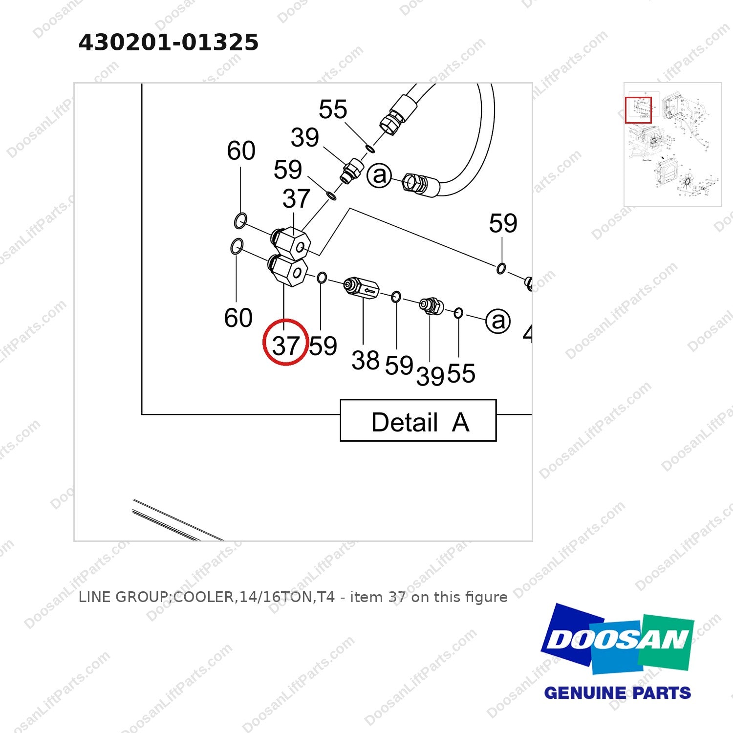 430201-01325 LINE GROUP;COOLER,14/16TON,T4 - parts diagram, item 37 shown - genuine Doosan / Bobcat forklift part