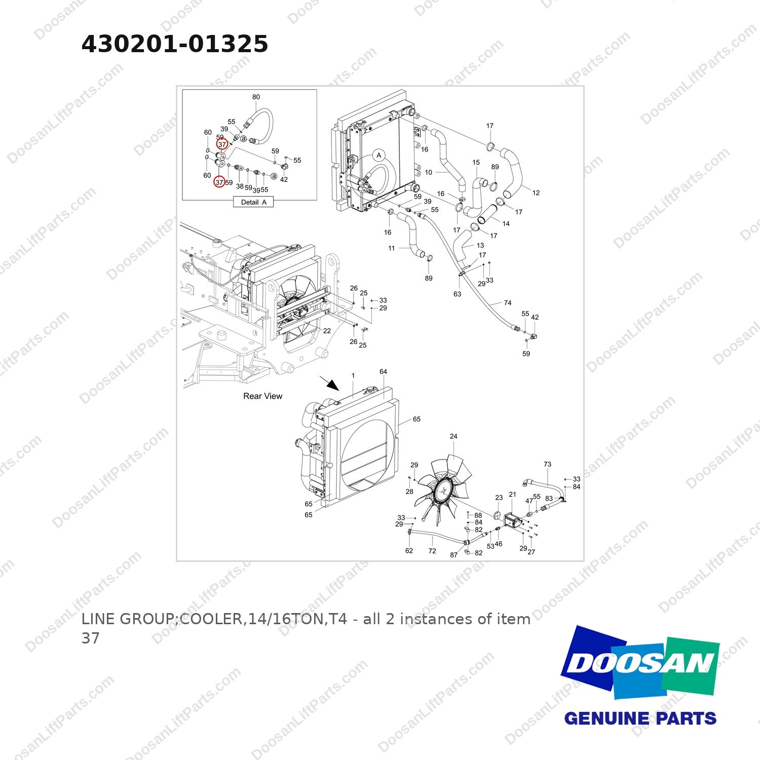 430201-01325 LINE GROUP;COOLER,14/16TON,T4 - full parts diagram, item 37 marked - genuine Doosan / Bobcat forklift part