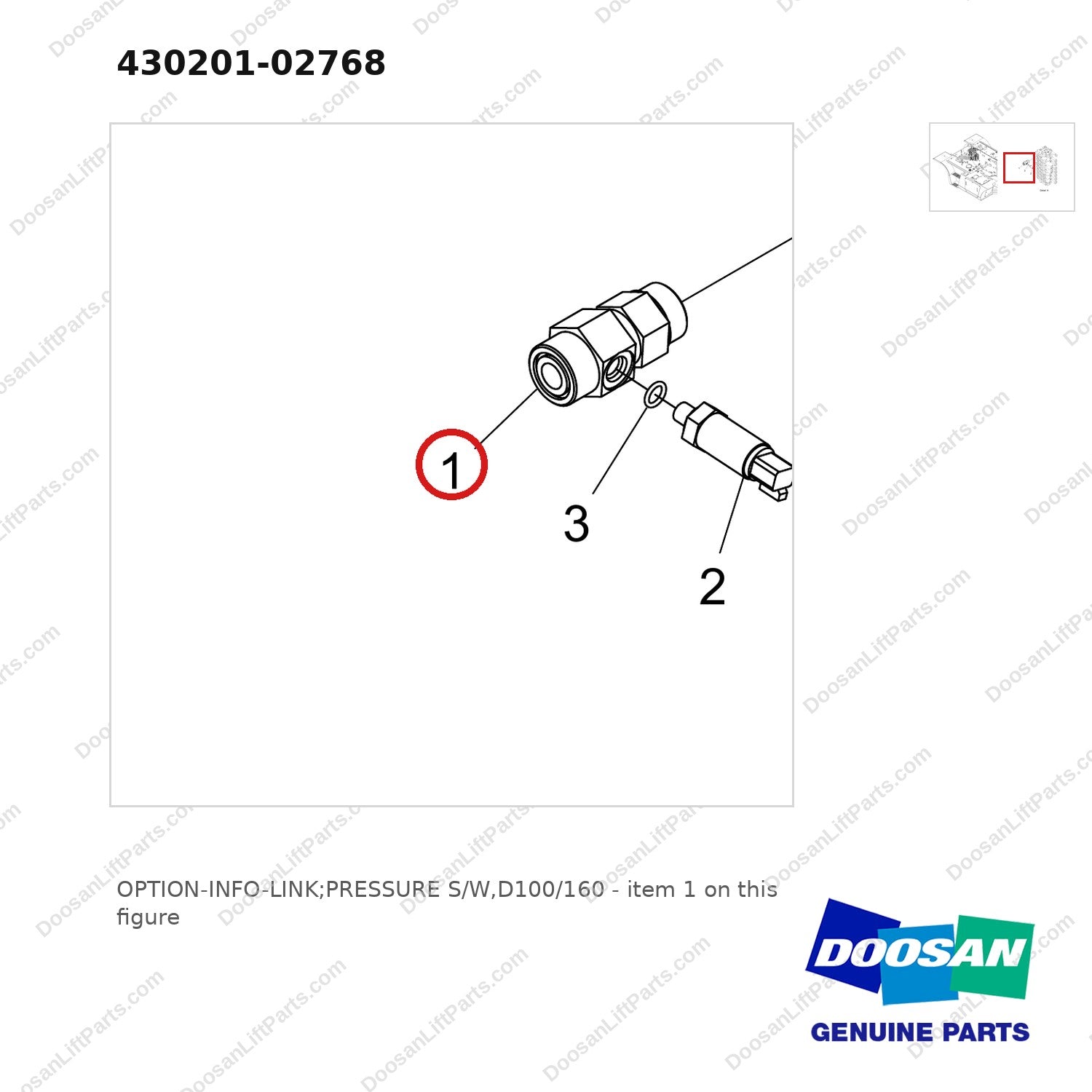 430201-02768 OPTION-INFO-LINK;PRESSURE S/W,D100/160 - parts diagram, item 1 shown - genuine Doosan / Bobcat forklift part