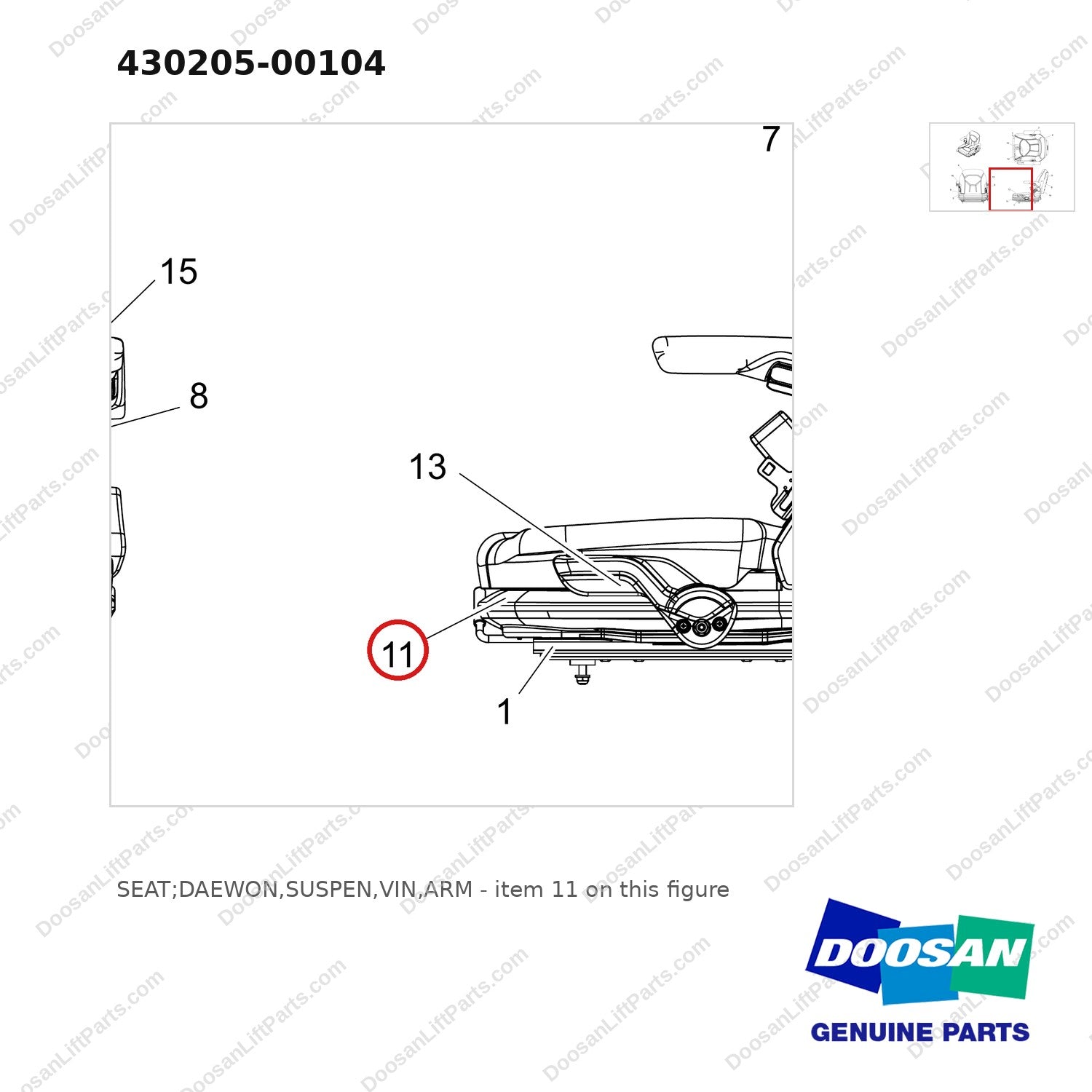 430205-00104 SEAT;DAEWON,SUSPEN,VIN,ARM - parts diagram, item 11 shown - genuine Doosan / Bobcat forklift part