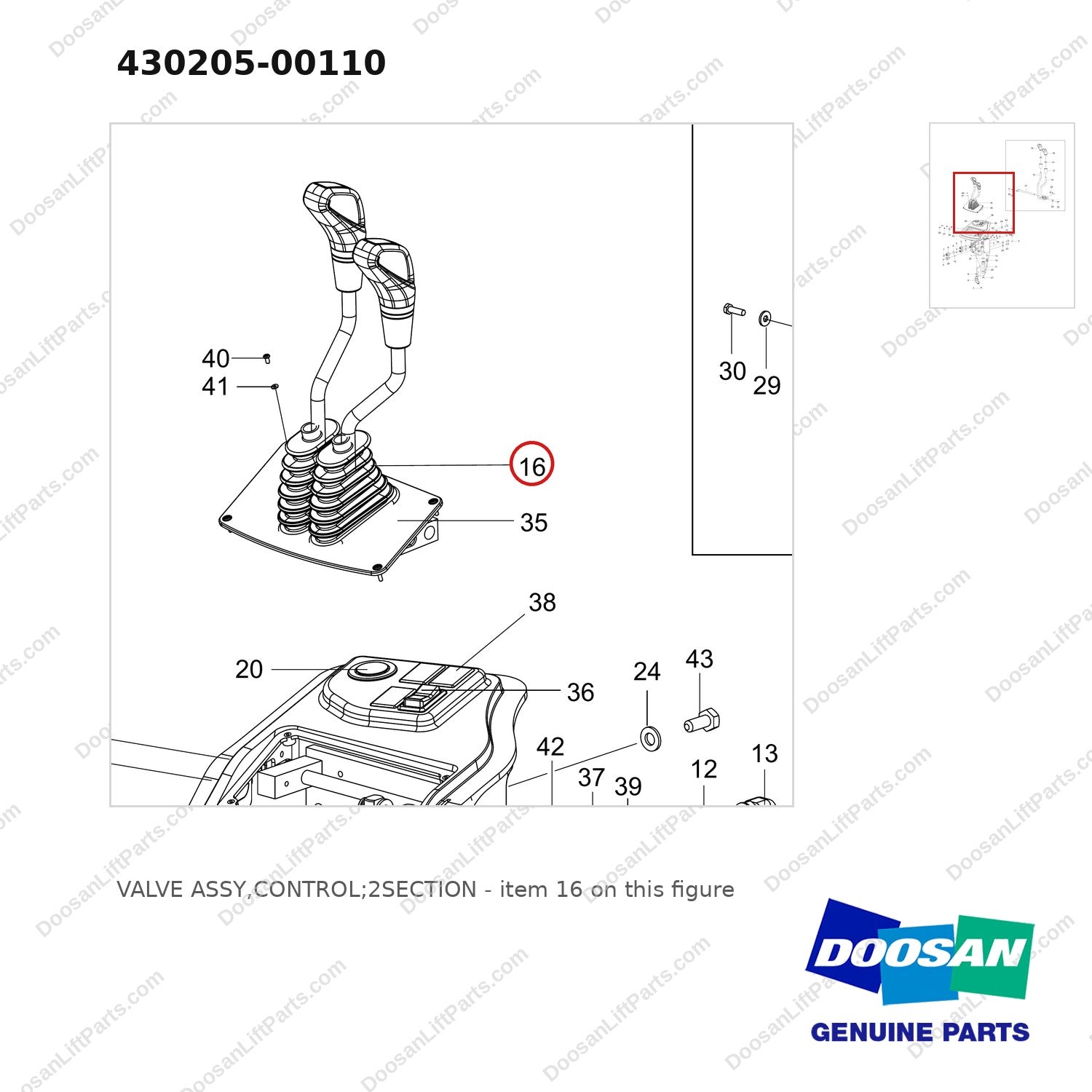 430205-00110 VALVE ASSY,CONTROL;2SECTION - parts diagram, item 16 shown - genuine Doosan / Bobcat forklift part