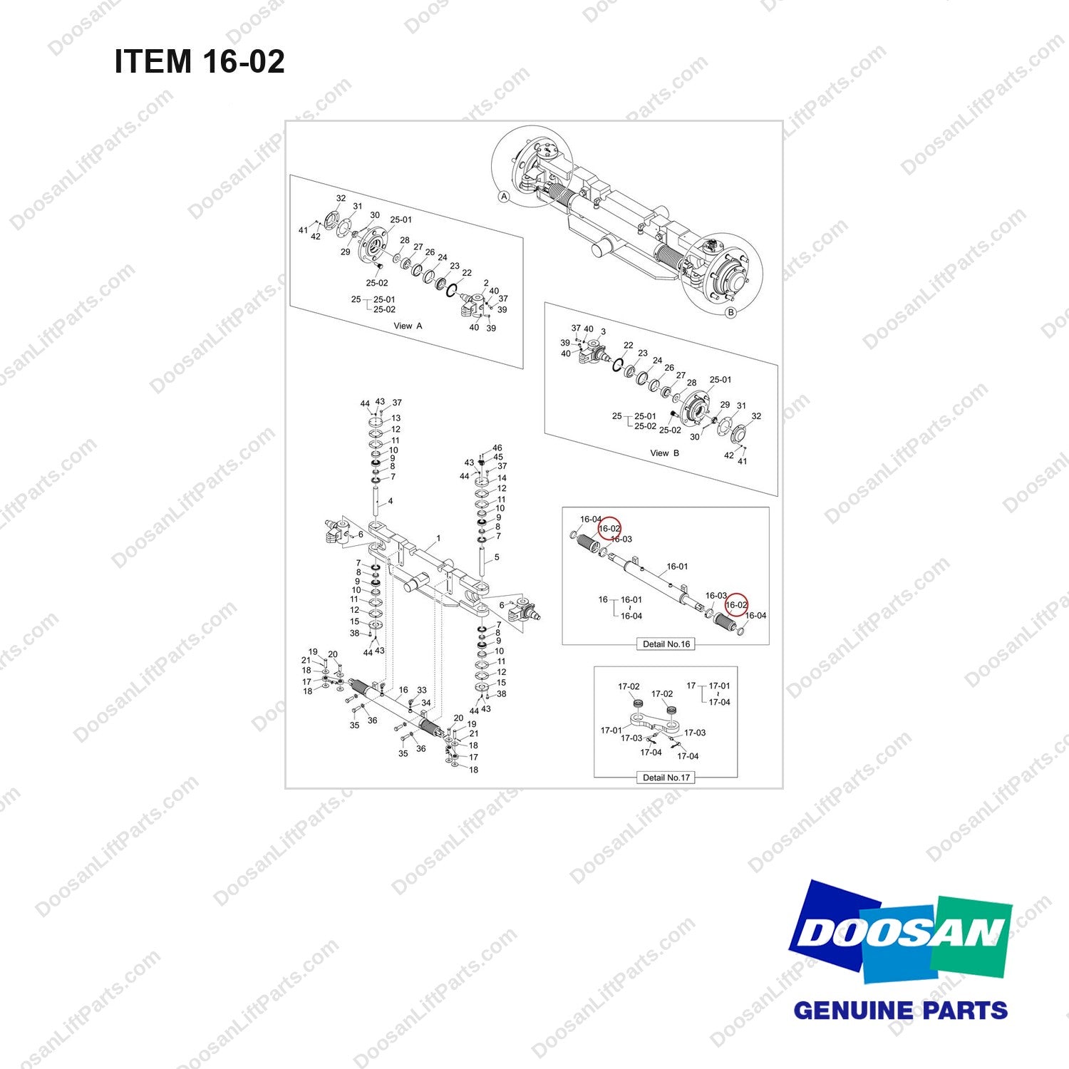 430205-00111 AXLE GROUP,STEER;STANDARD WHEEL, D70S-9 - full parts diagram, item 16-02 marked - genuine Doosan / Bobcat forklift part
