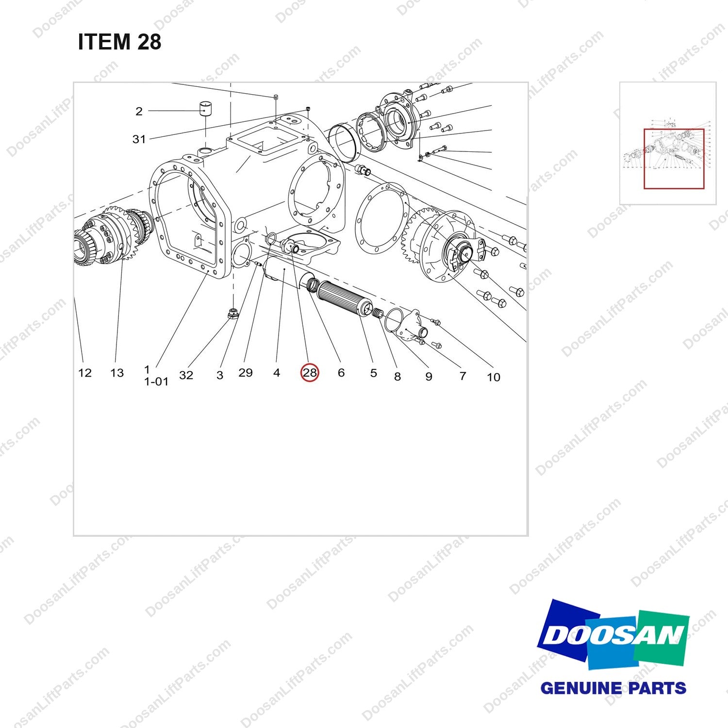 430208-01080 HOUSING ASSY;MIDDLE - parts diagram, item 28 shown - genuine Doosan / Bobcat forklift part