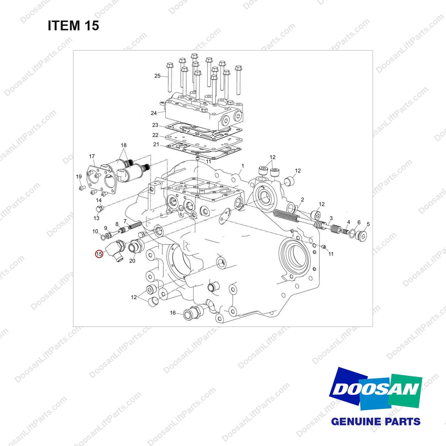 430208-01083 CASE,TRANSMISSION - full parts diagram, item 15 marked - genuine Doosan / Bobcat forklift part
