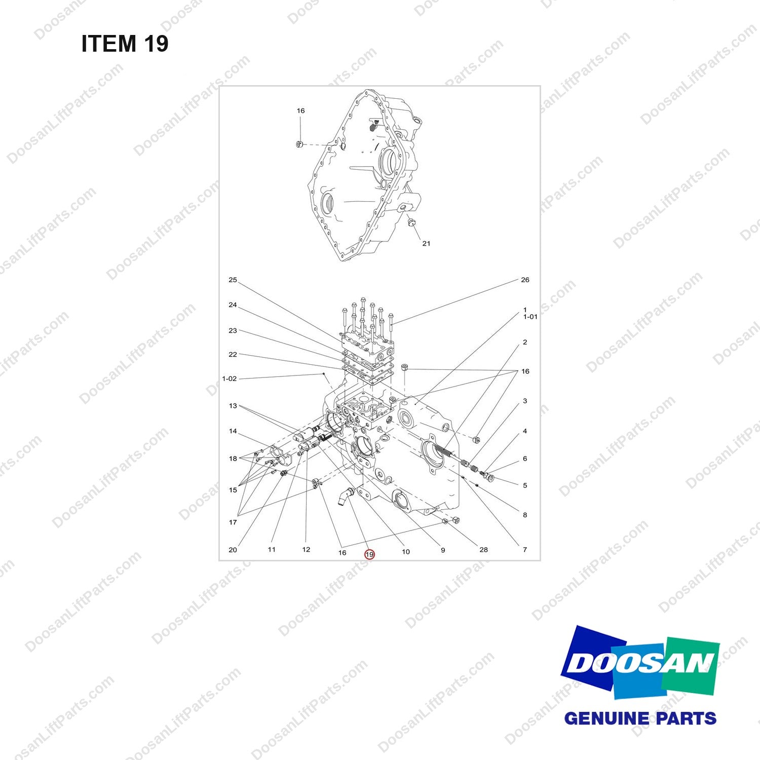 430208-01086 CASE ASSY;TM - full parts diagram, item 19 marked - genuine Doosan / Bobcat forklift part
