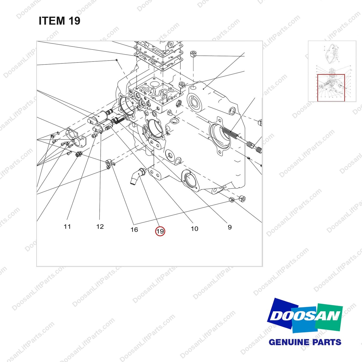 430208-01086 CASE ASSY;TM - parts diagram, item 19 shown - genuine Doosan / Bobcat forklift part