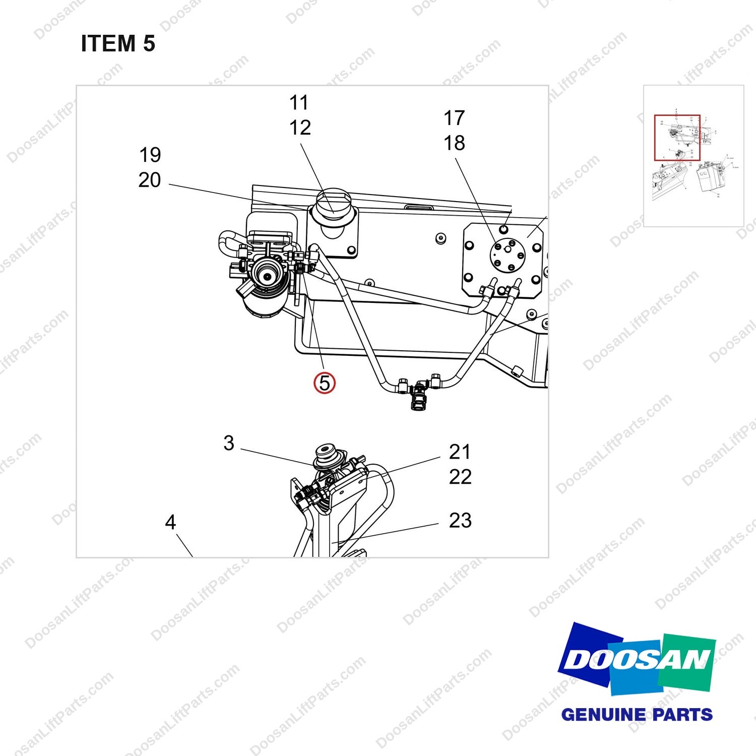 430208-01145 LINE GROUP,FUEL;NXS - parts diagram, item 5 shown - genuine Doosan / Bobcat forklift part