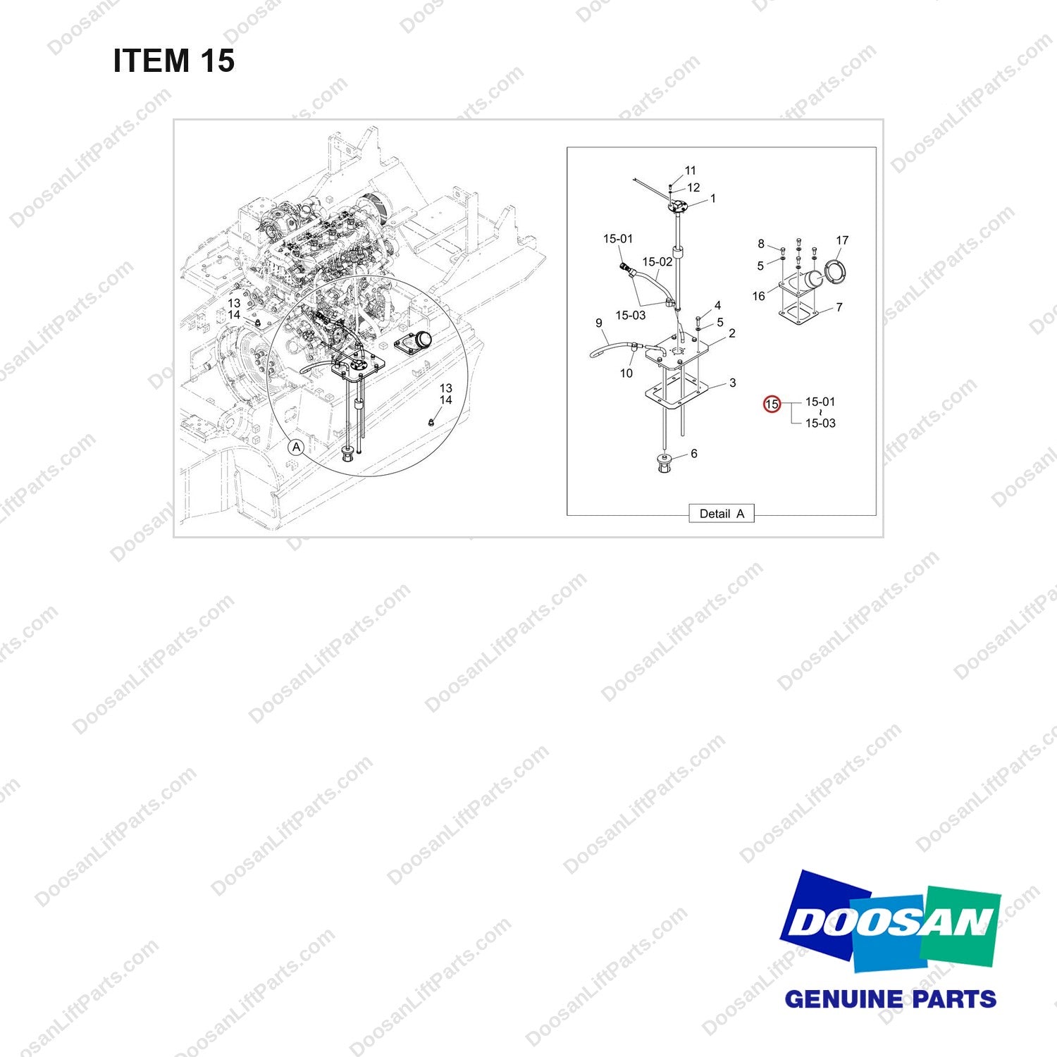 430208-01208 FUEL GP_SUB;D45S-9 FUEL UL DS TYPE - full parts diagram, item 15 marked - genuine Doosan / Bobcat forklift part