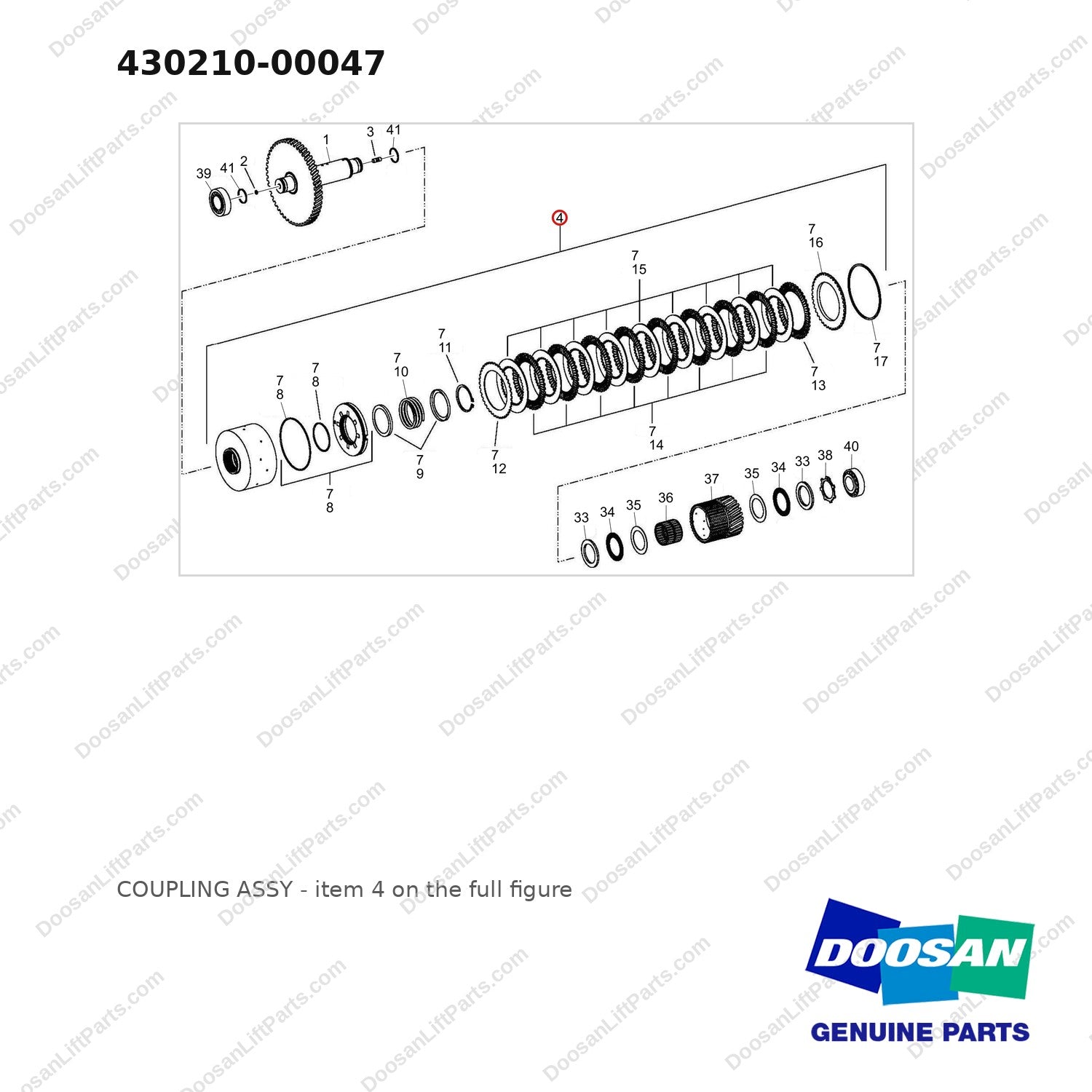 430210-00047 COUPLING ASSY - full parts diagram, item 4 marked - genuine Doosan / Bobcat forklift part