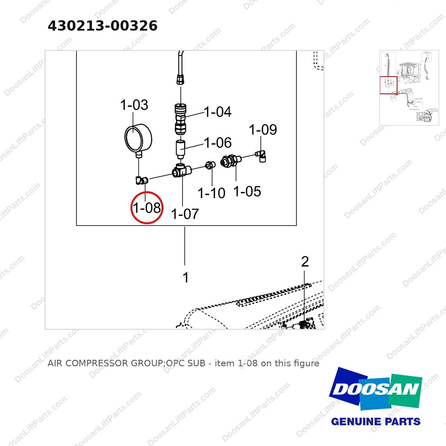 430213-00326 AIR COMPRESSOR GROUP;OPC SUB - parts diagram, item 1-08 shown - genuine Doosan / Bobcat forklift part