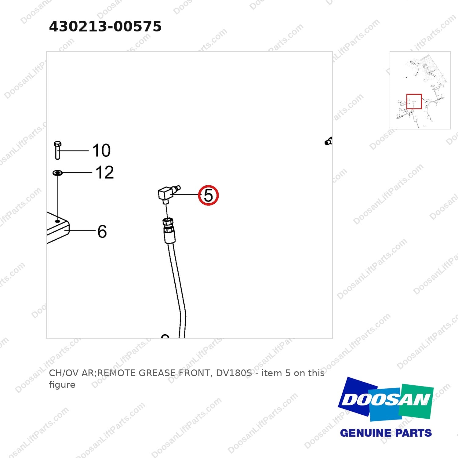 430213-00575 CH/OV AR;REMOTE GREASE FRONT, DV180S - parts diagram, item 5 shown - genuine Doosan / Bobcat forklift part