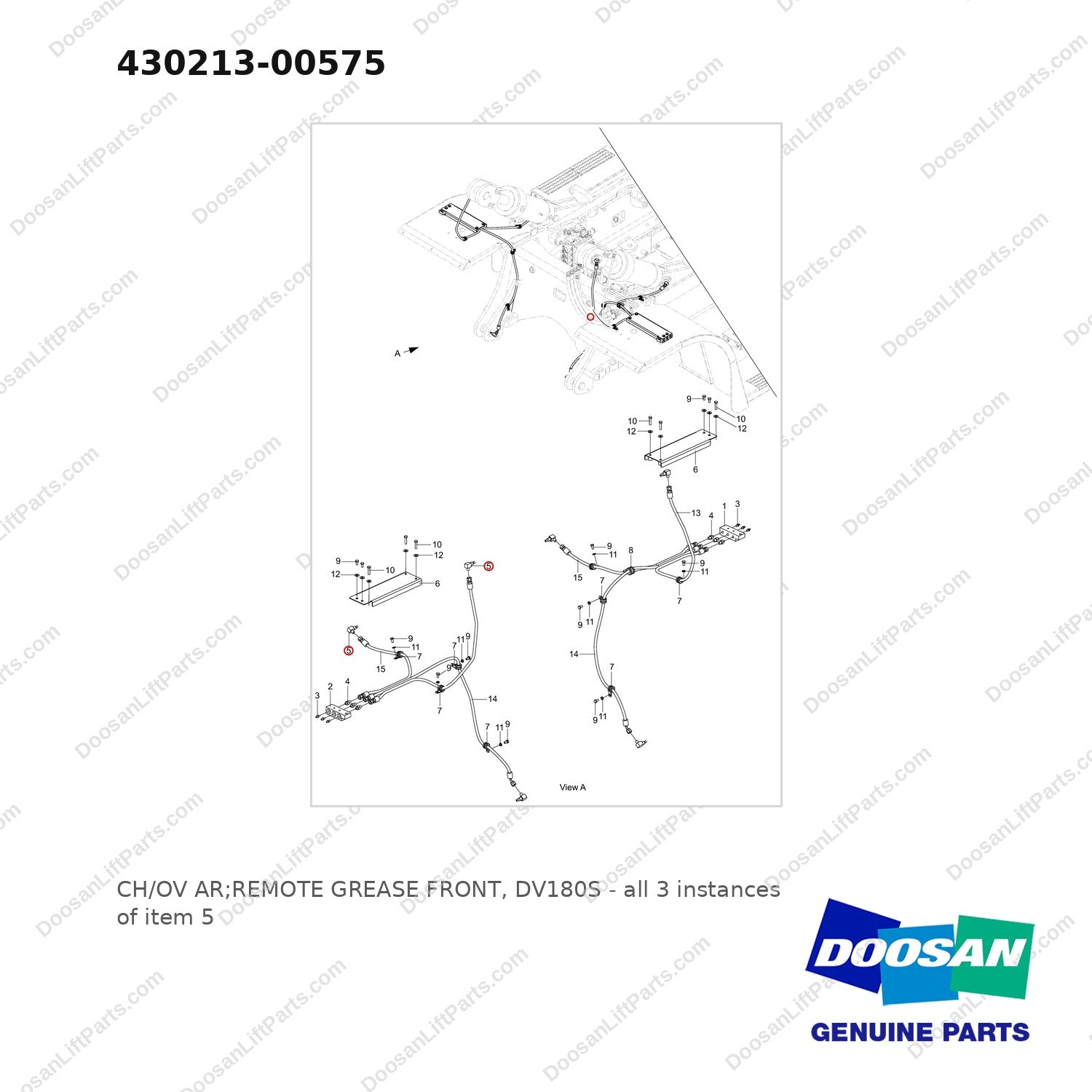 430213-00575 CH/OV AR;REMOTE GREASE FRONT, DV180S - full parts diagram, item 5 marked - genuine Doosan / Bobcat forklift part