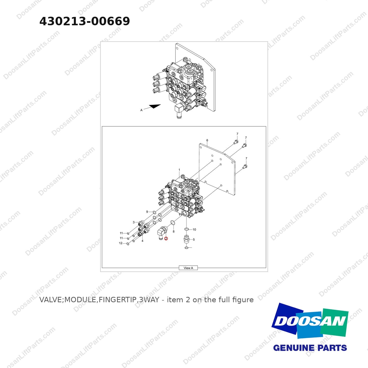 430213-00669 VALVE;MODULE,FINGERTIP,3WAY - full parts diagram, item 2 marked - genuine Doosan / Bobcat forklift part