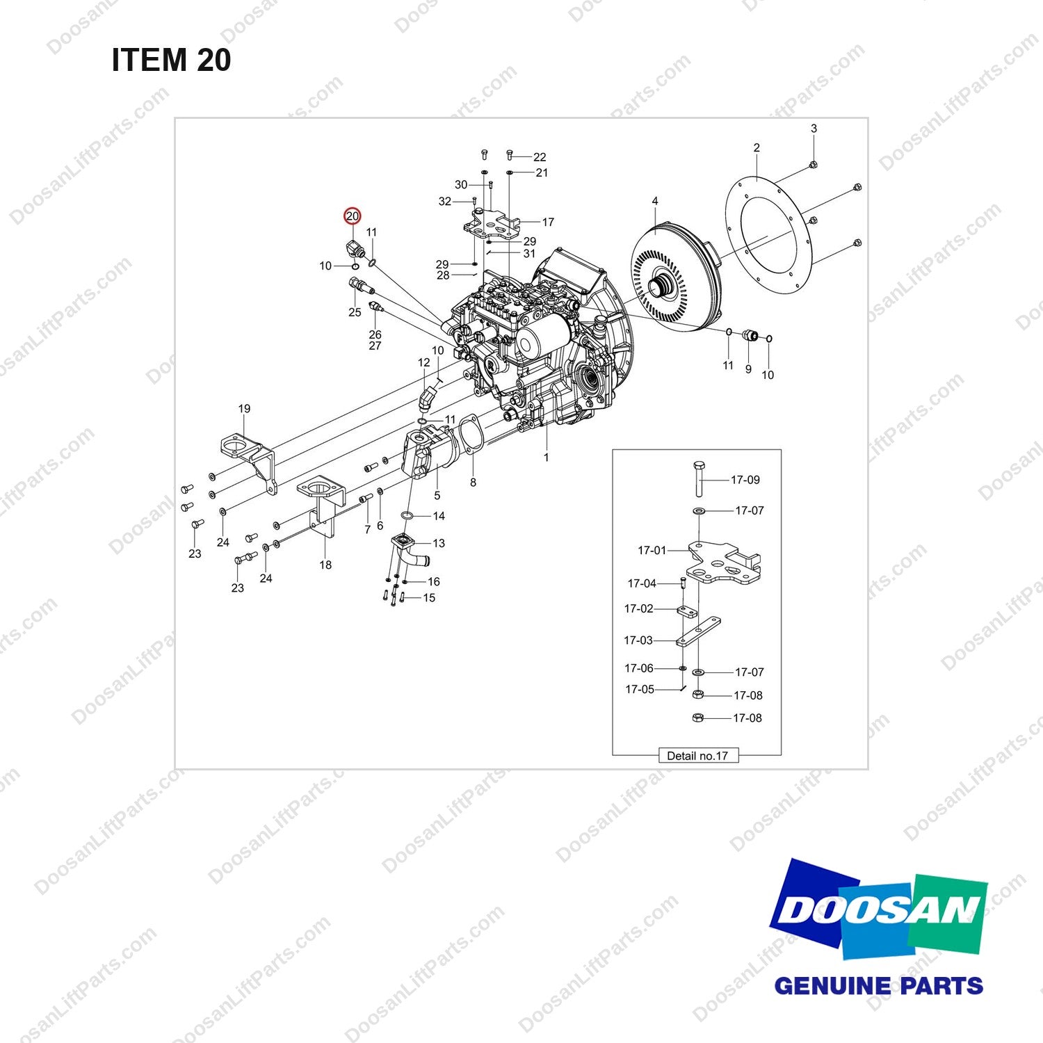 430213-00708 TRANSMISSION GROUP;SUB MODULE,GC15S-9 - full parts diagram, item 20 marked - genuine Doosan / Bobcat forklift part