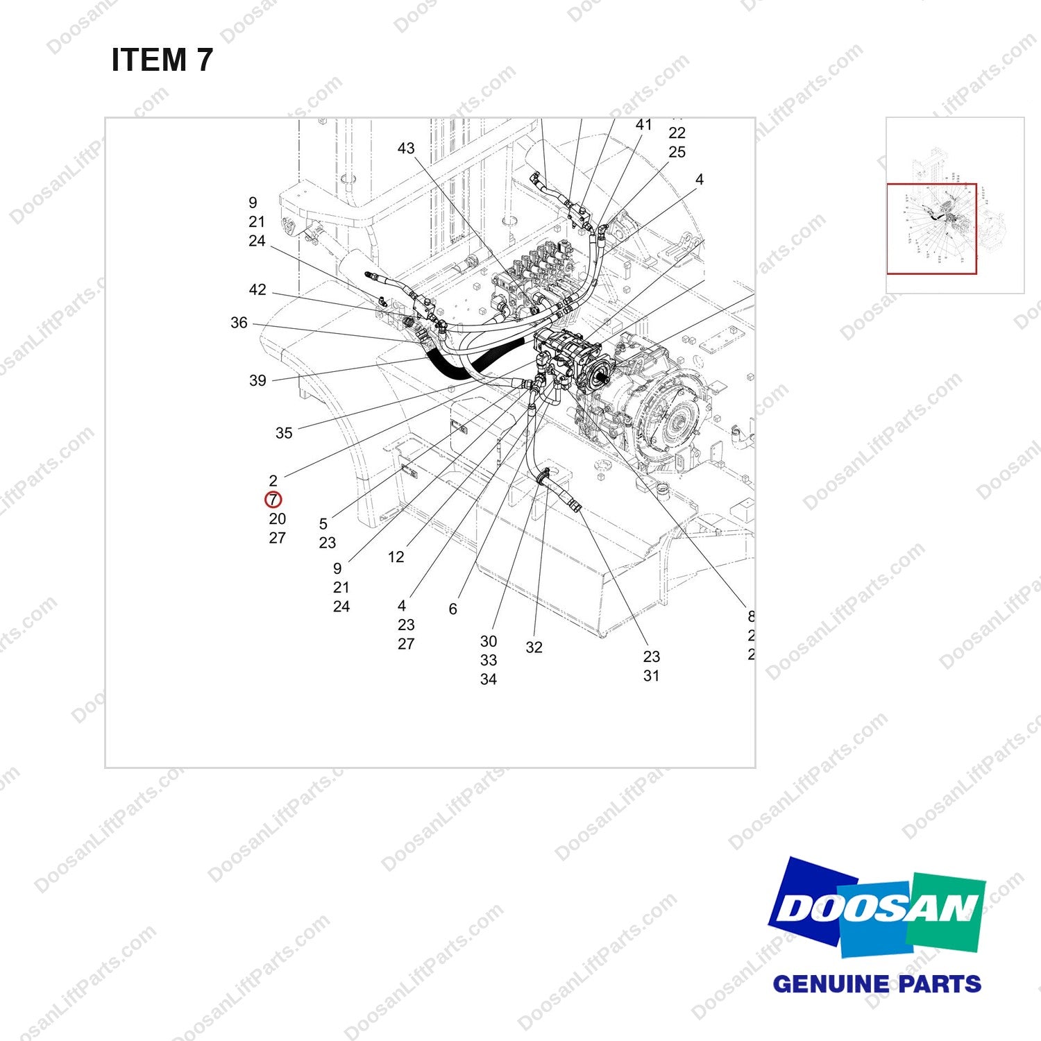 430213-00834 LINE GP-FINGERTIP M.O;LINE,ANTI SURGE - parts diagram, item 7 shown - genuine Doosan / Bobcat forklift part