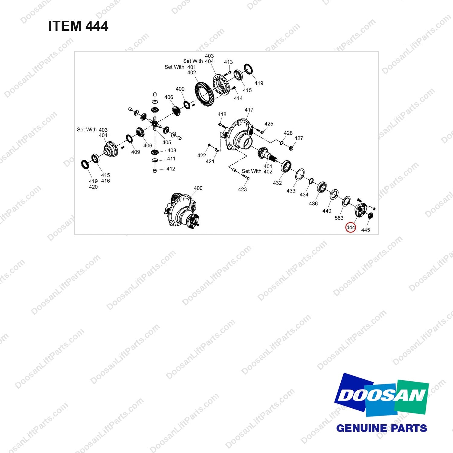 430215-01506 CARRIER,DIFFERENTIAL;GP - full parts diagram, item 444 marked - genuine Doosan / Bobcat forklift part
