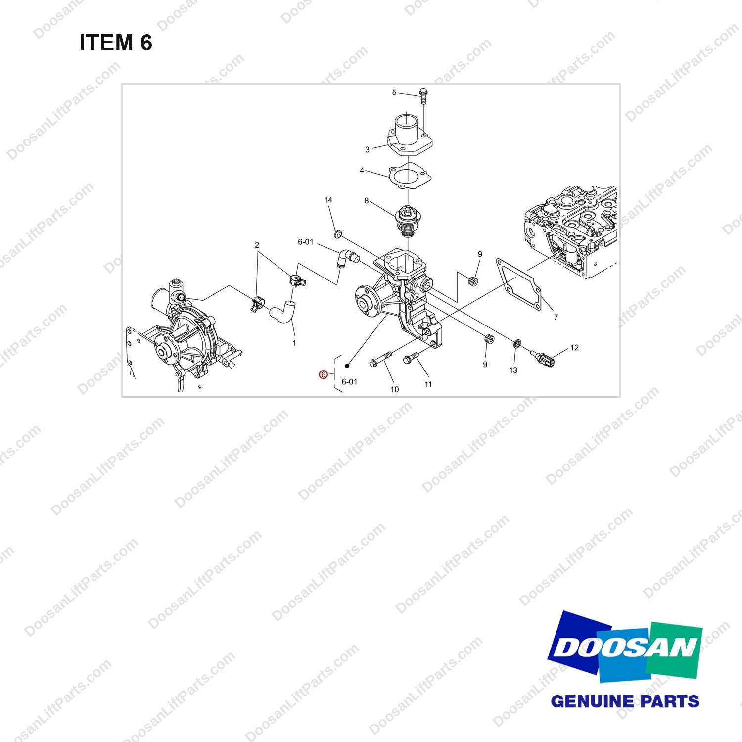 430215-02249 WATER FLANGE AND THERMOSTAT GP - full parts diagram, item 6 marked - genuine Doosan / Bobcat forklift part