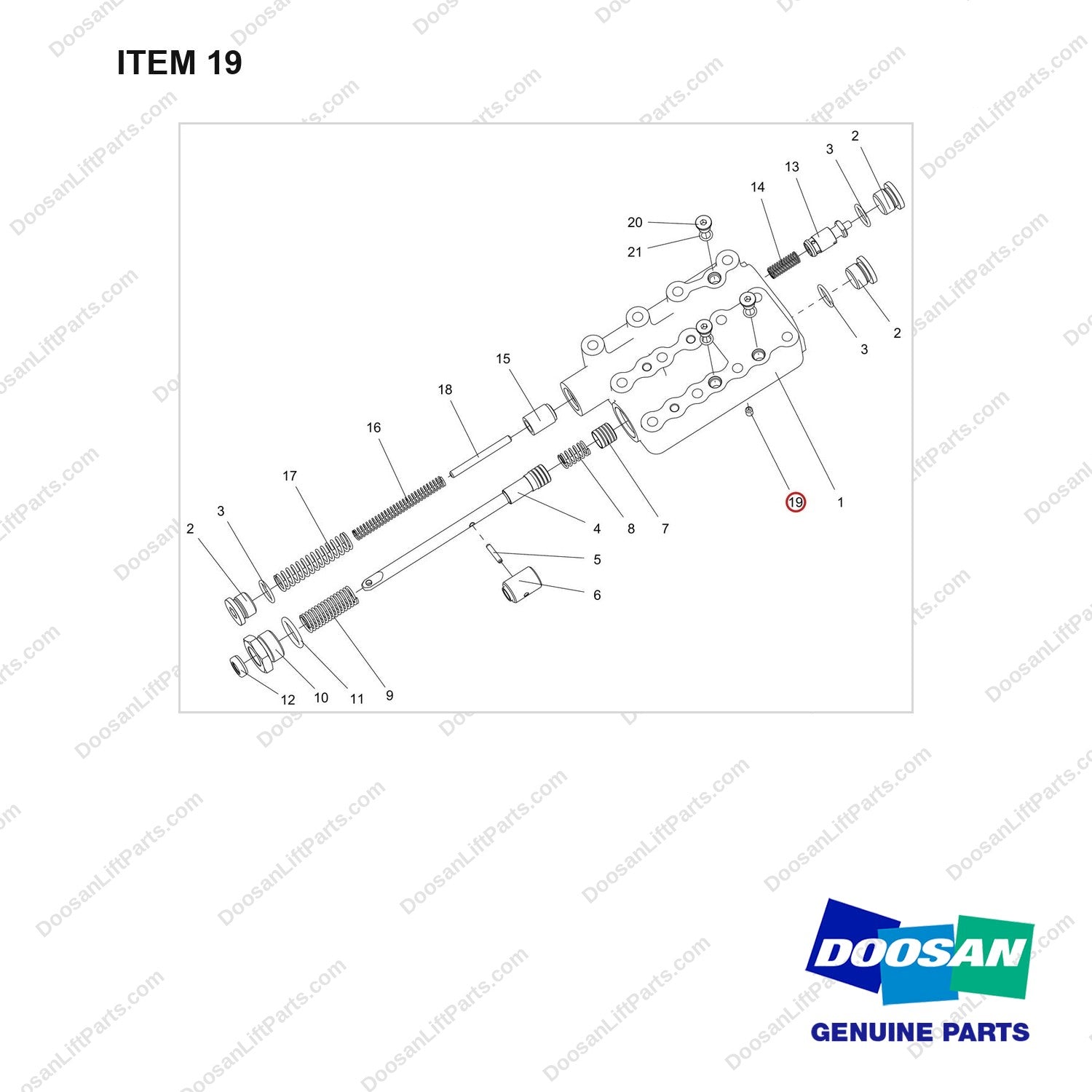 430219-00162 VALVE ASSY,CONTROL - full parts diagram, item 19 marked - genuine Doosan / Bobcat forklift part