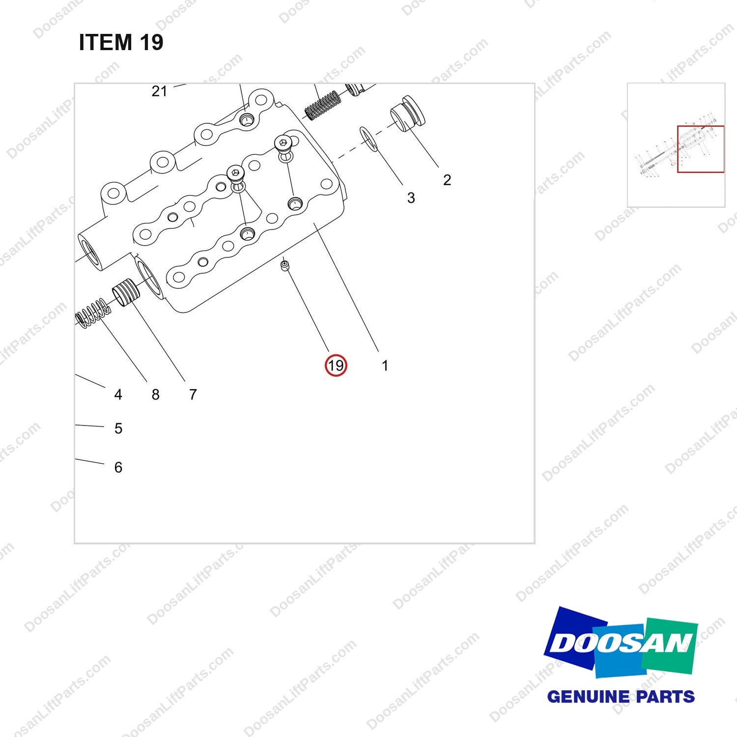 430219-00162 VALVE ASSY,CONTROL - parts diagram, item 19 shown - genuine Doosan / Bobcat forklift part
