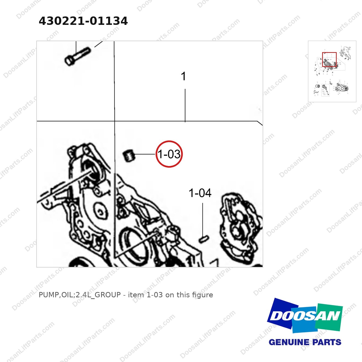 430221-01134 PUMP,OIL;2.4L_GROUP - parts diagram, item 1-03 shown - genuine Doosan / Bobcat forklift part