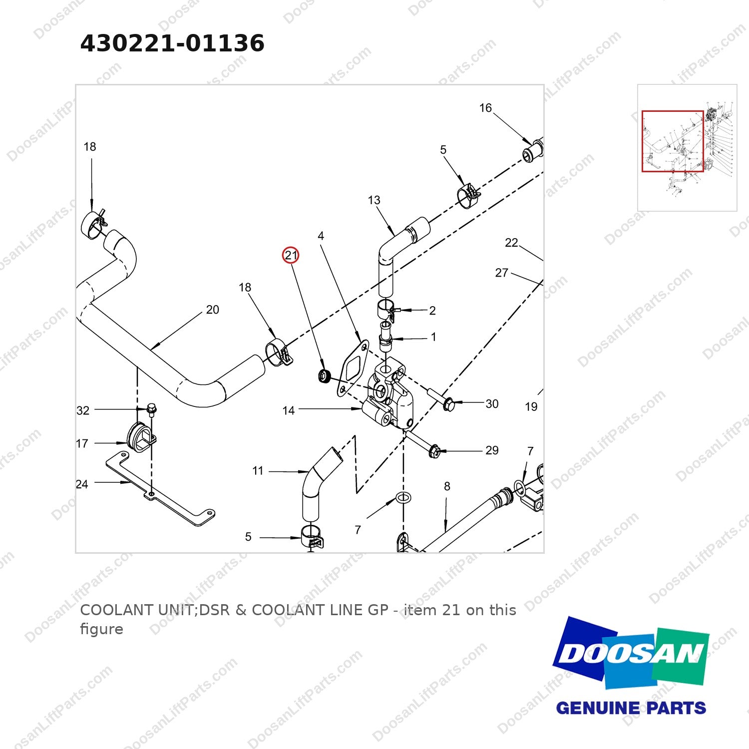 430221-01136 COOLANT UNIT;DSR & COOLANT LINE GP - parts diagram, item 21 shown - genuine Doosan / Bobcat forklift part