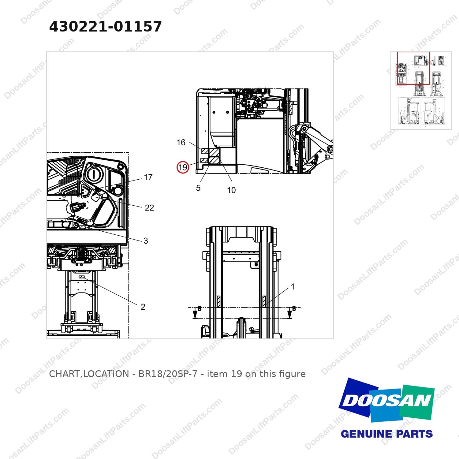 430221-01157 CHART,LOCATION - BR18/20SP-7 - parts diagram, item 19 shown - genuine Doosan / Bobcat forklift part