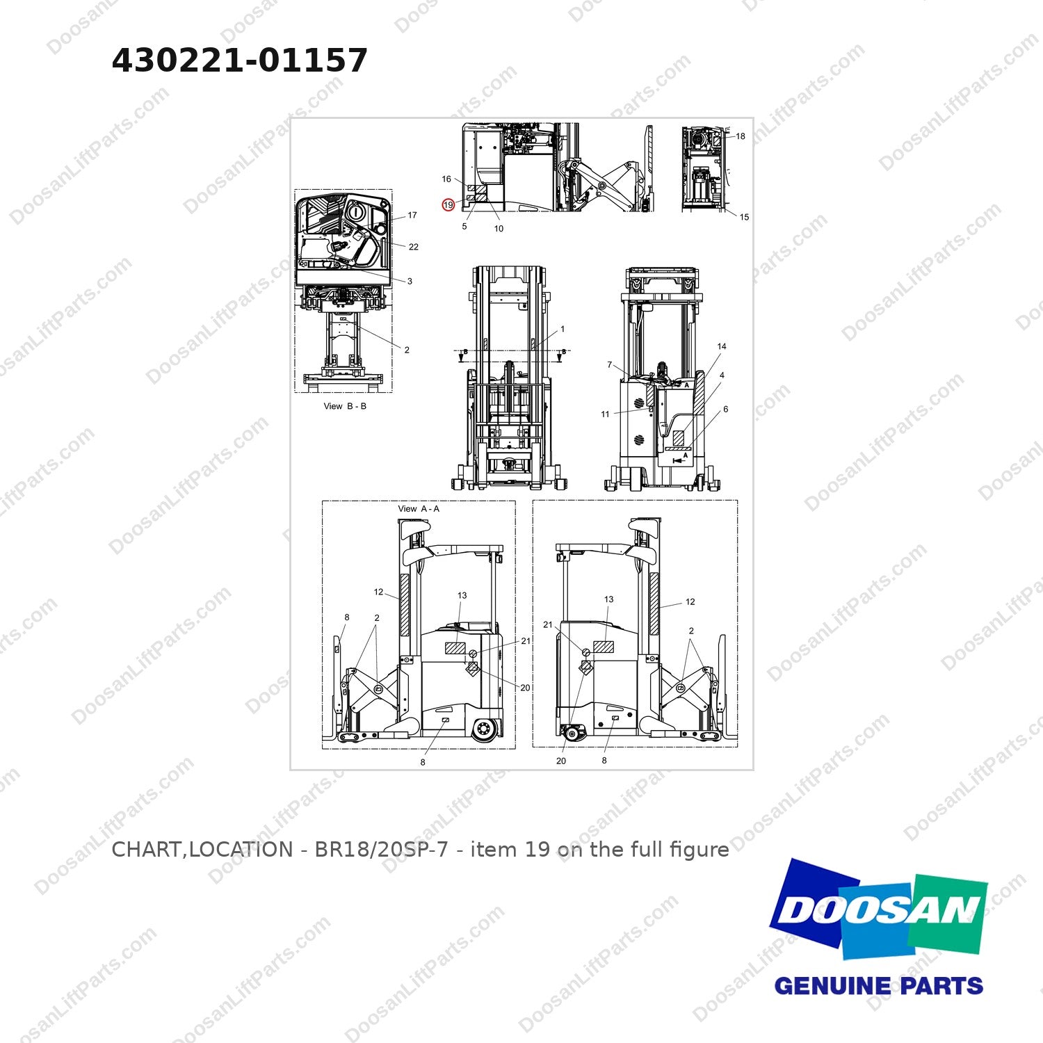 430221-01157 CHART,LOCATION - BR18/20SP-7 - full parts diagram, item 19 marked - genuine Doosan / Bobcat forklift part