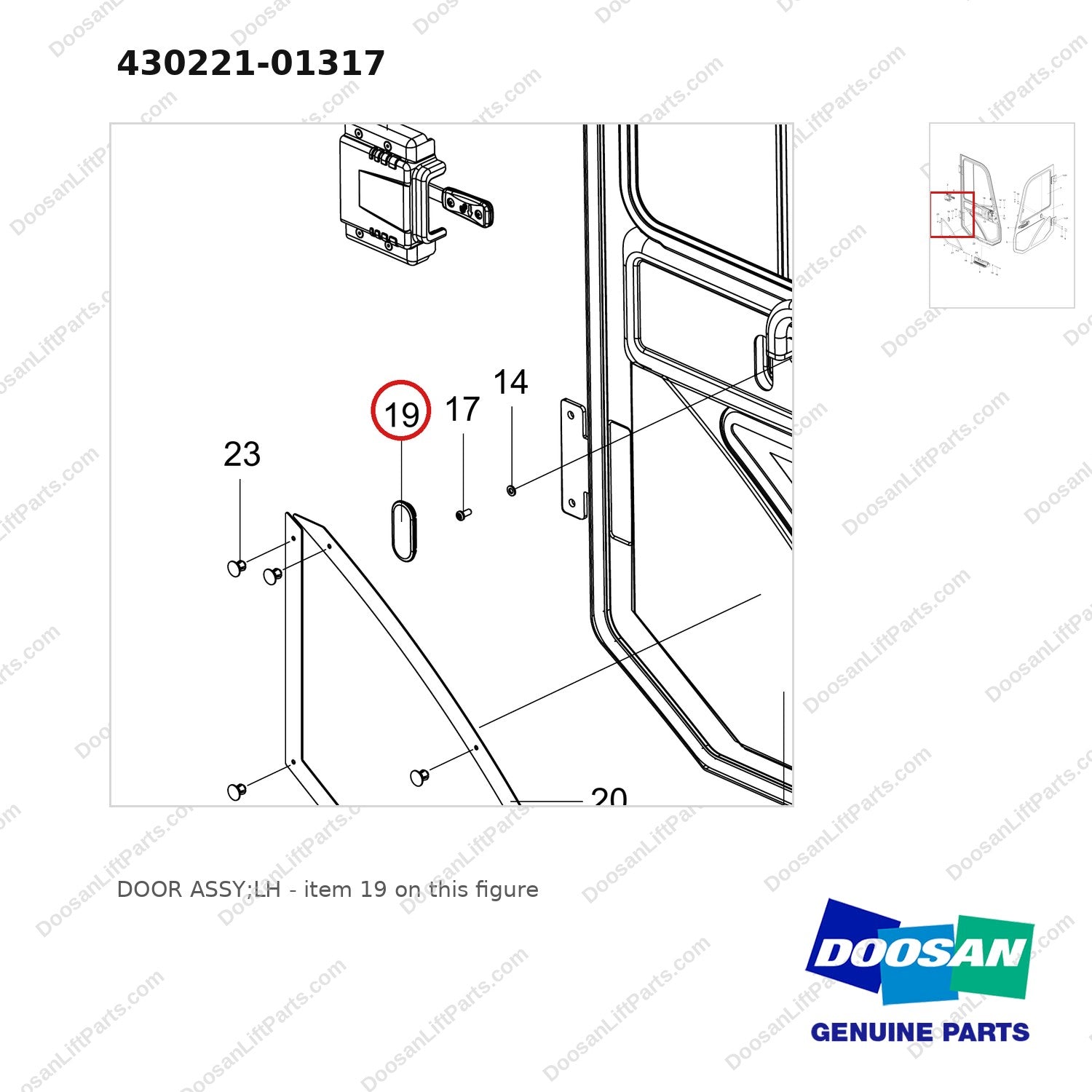 430221-01317 DOOR ASSY;LH - parts diagram, item 19 shown - genuine Doosan / Bobcat forklift part