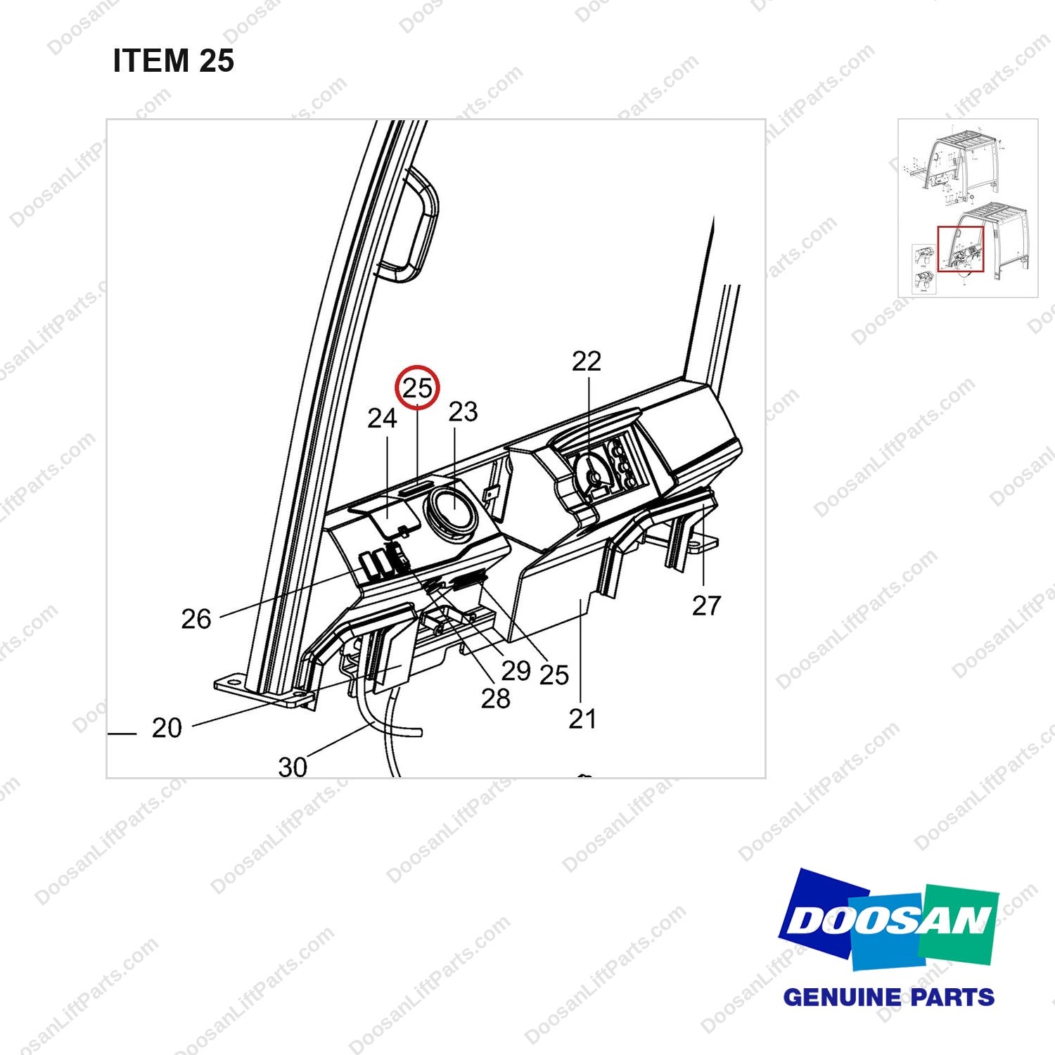 430221-01352 GUARD GROUP;OVERHEAD - parts diagram, item 25 shown - genuine Doosan / Bobcat forklift part