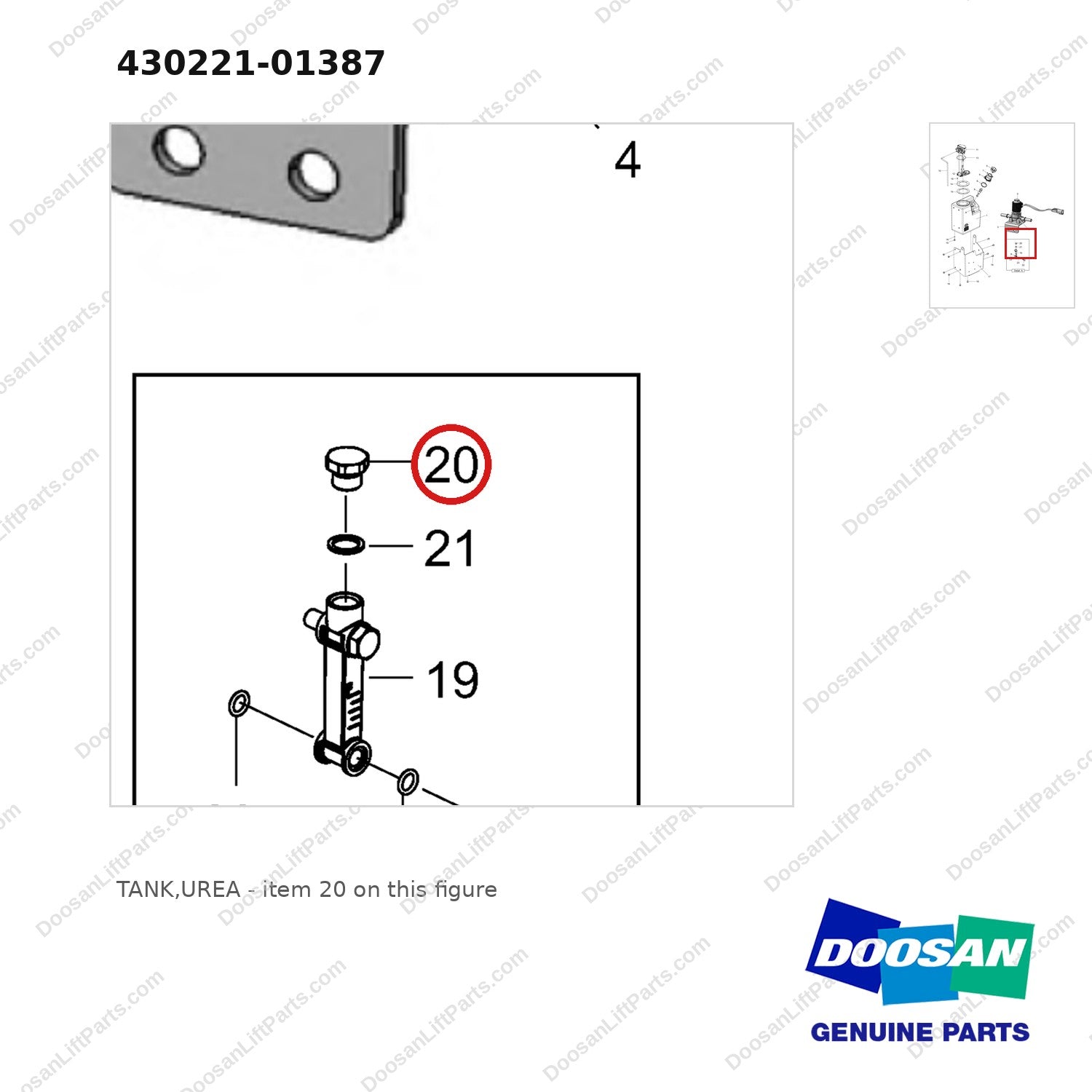 430221-01387 TANK,UREA - parts diagram, item 20 shown - genuine Doosan / Bobcat forklift part