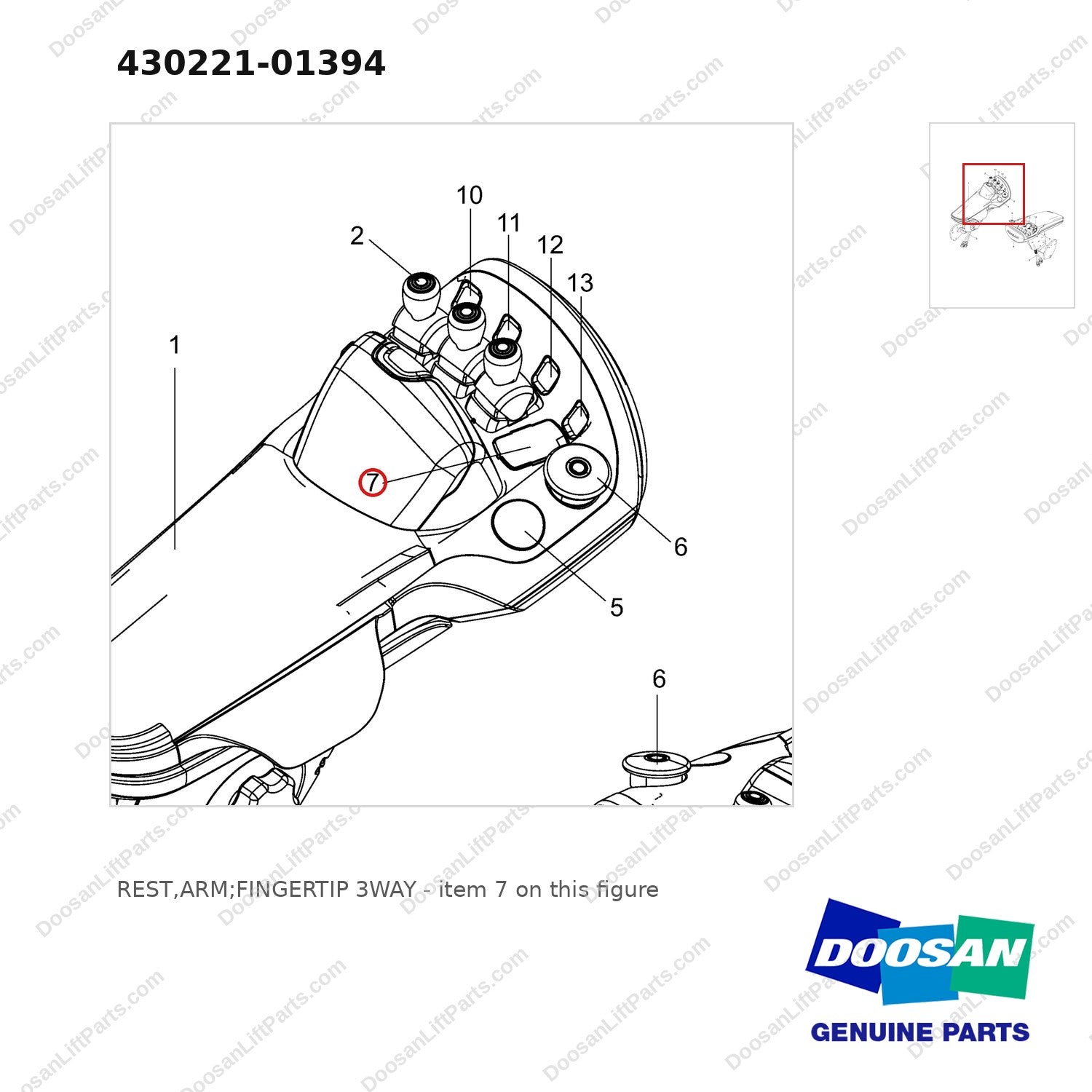 430221-01394 REST,ARM;FINGERTIP 3WAY - parts diagram, item 7 shown - genuine Doosan / Bobcat forklift part