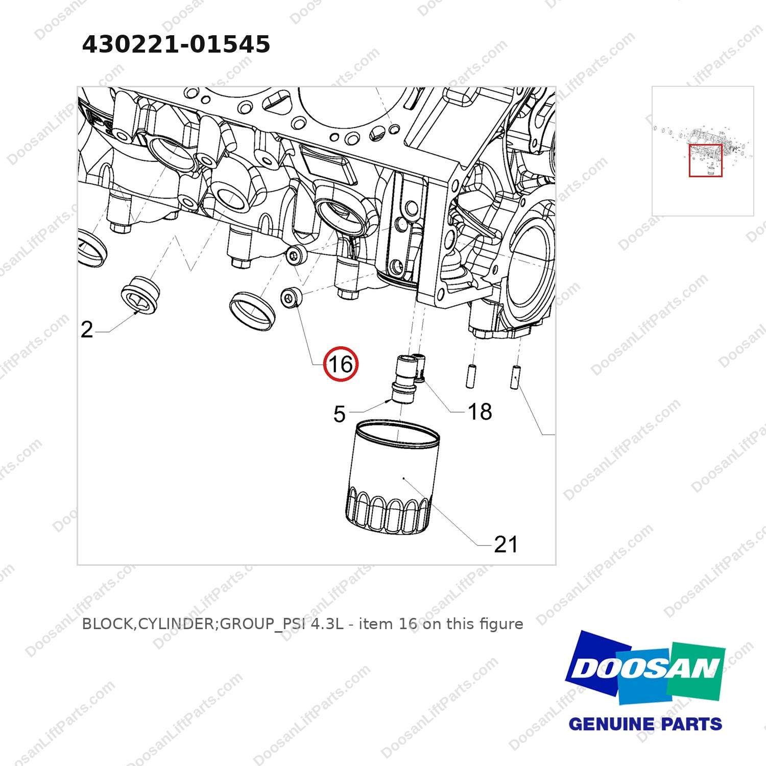 430221-01545 BLOCK,CYLINDER;GROUP_PSI 4.3L - parts diagram, item 16 shown - genuine Doosan / Bobcat forklift part