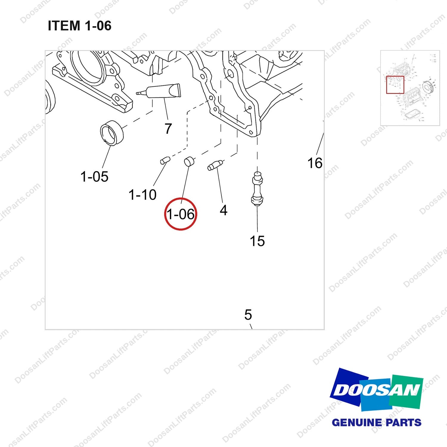 430221-01628 BLOCK,CYLINDER;GCT GK25 ENGINE - parts diagram, item 1-06 shown - genuine Doosan / Bobcat forklift part