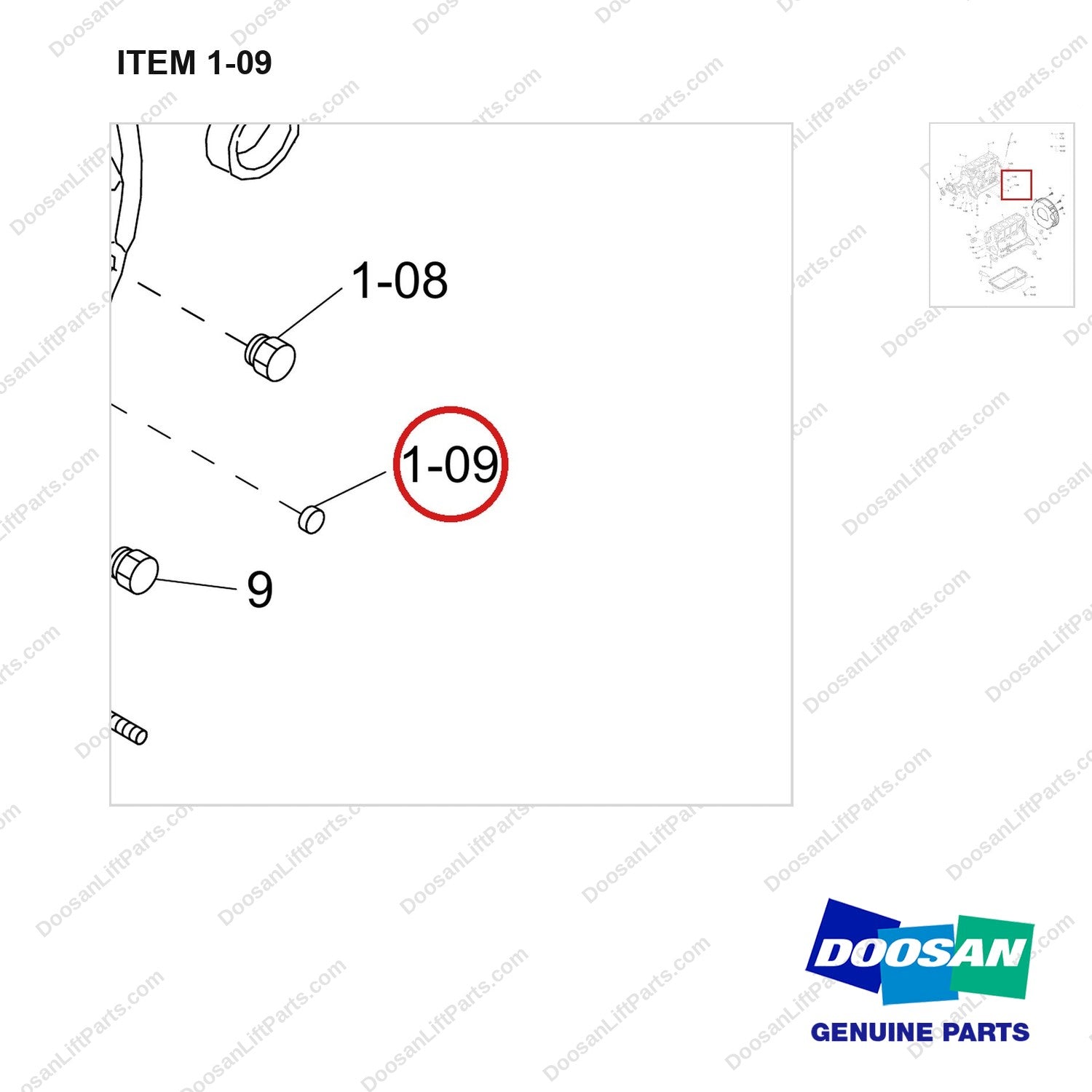 430221-01631 BLOCK,CYLINDER;GCT GK25 ENGINE - parts diagram, item 1-09 shown - genuine Doosan / Bobcat forklift part