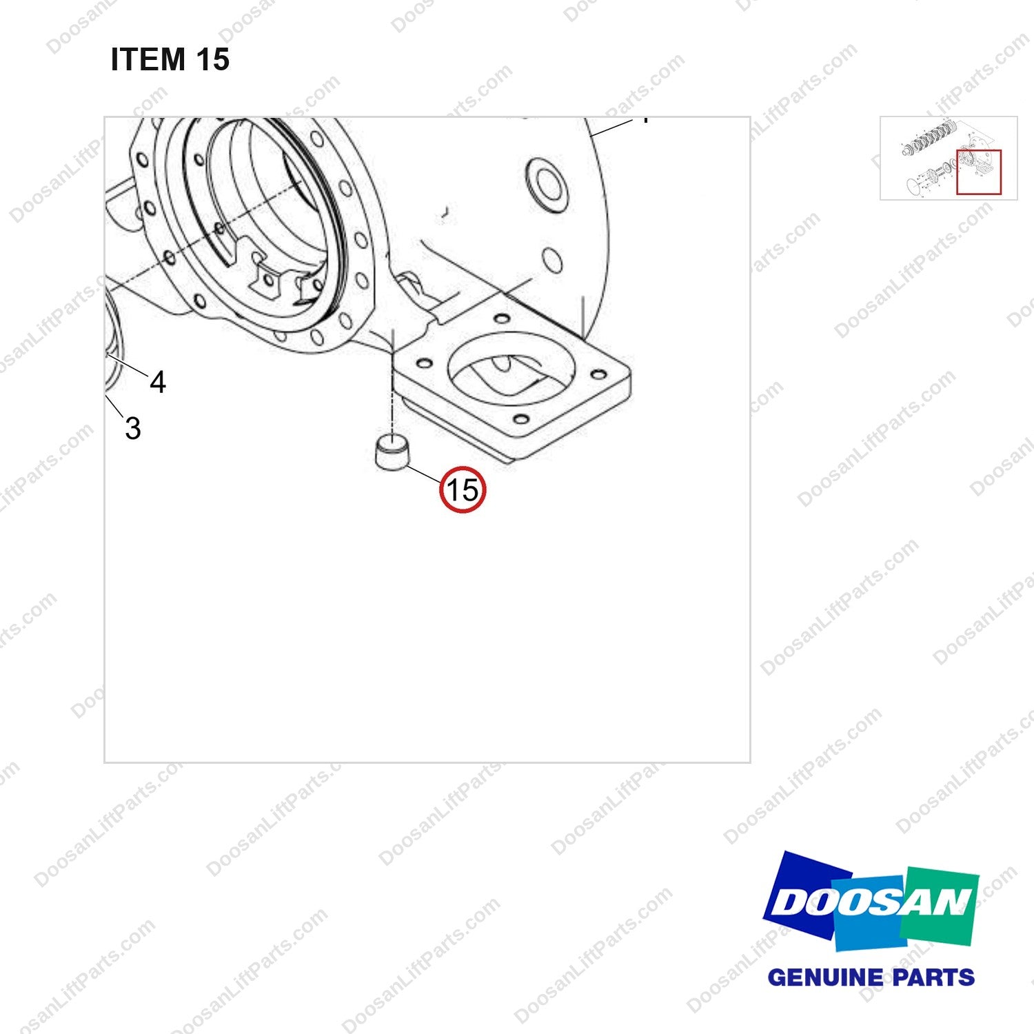 430221-01949 HOUSING ASSY,AXLE;RH - parts diagram, item 15 shown - genuine Doosan / Bobcat forklift part