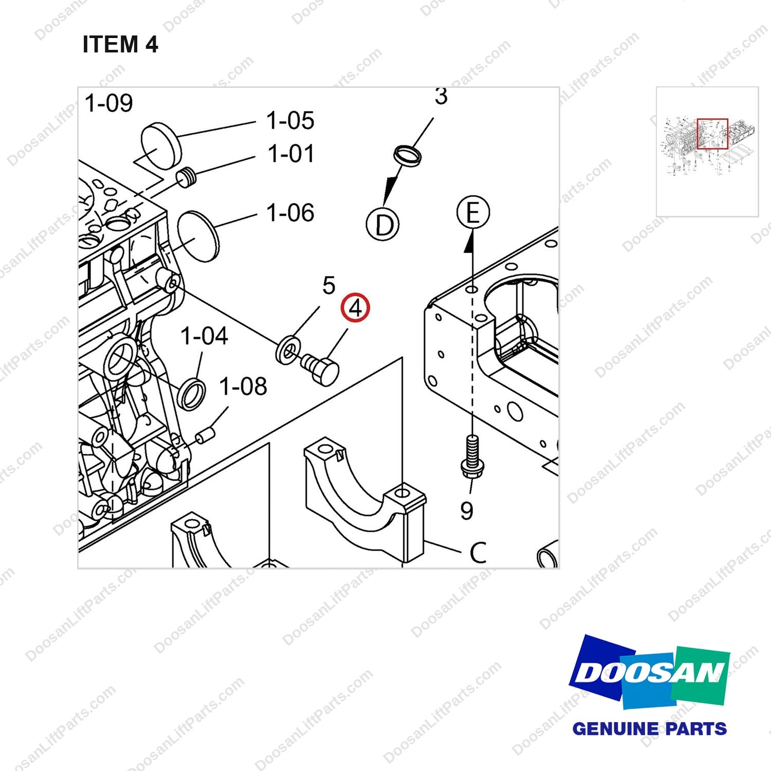 430221-02046 CRANKCASE GP - parts diagram, item 4 shown - genuine Doosan / Bobcat forklift part