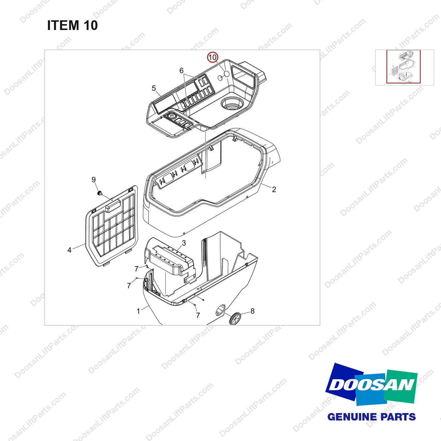 430221-02090 COVER GROUP;PILOT BOX,D160 - parts diagram, item 10 shown - genuine Doosan / Bobcat forklift part