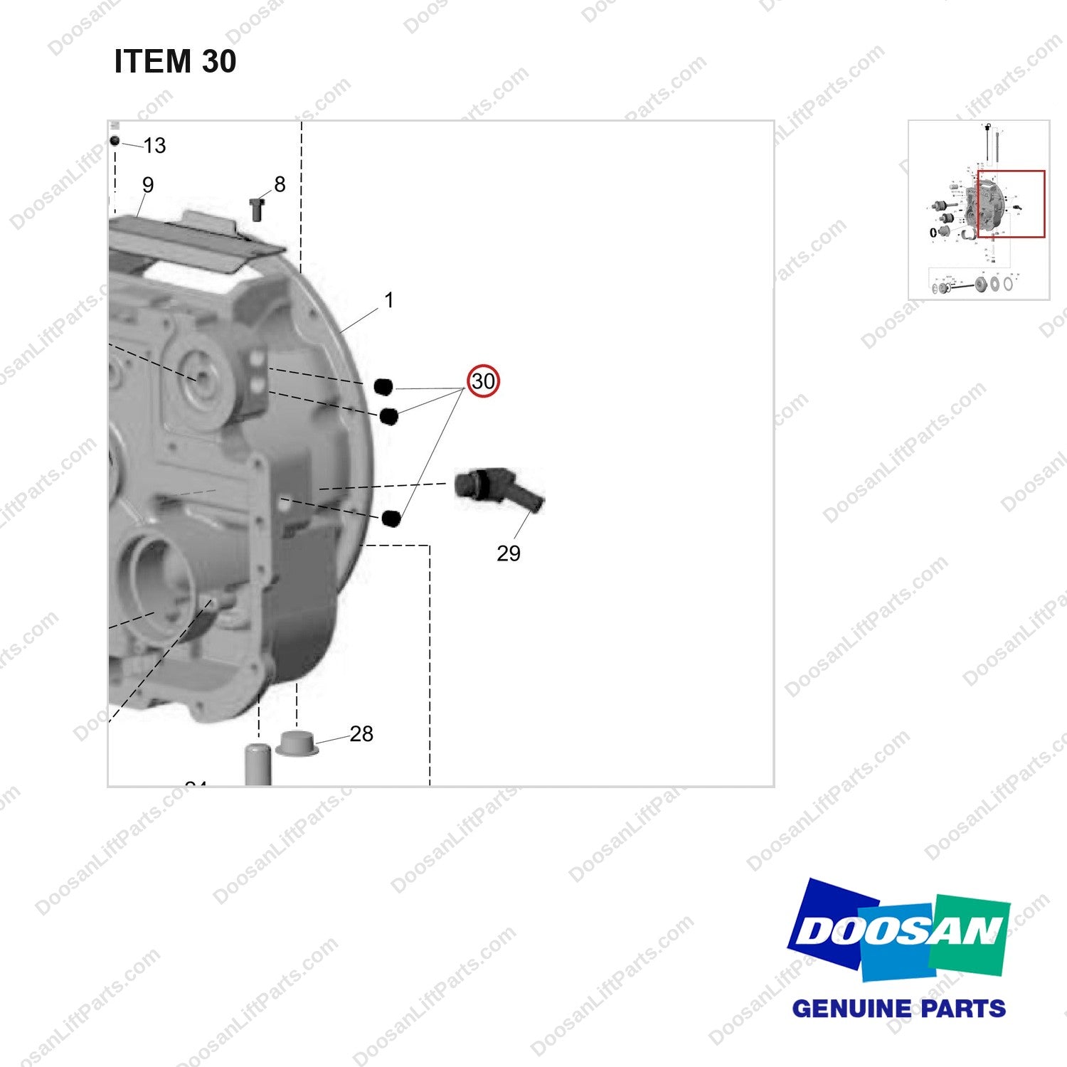 430221-02116 TRANSMISSION ASSY;TC HOUSING SUB - parts diagram, item 30 shown - genuine Doosan / Bobcat forklift part