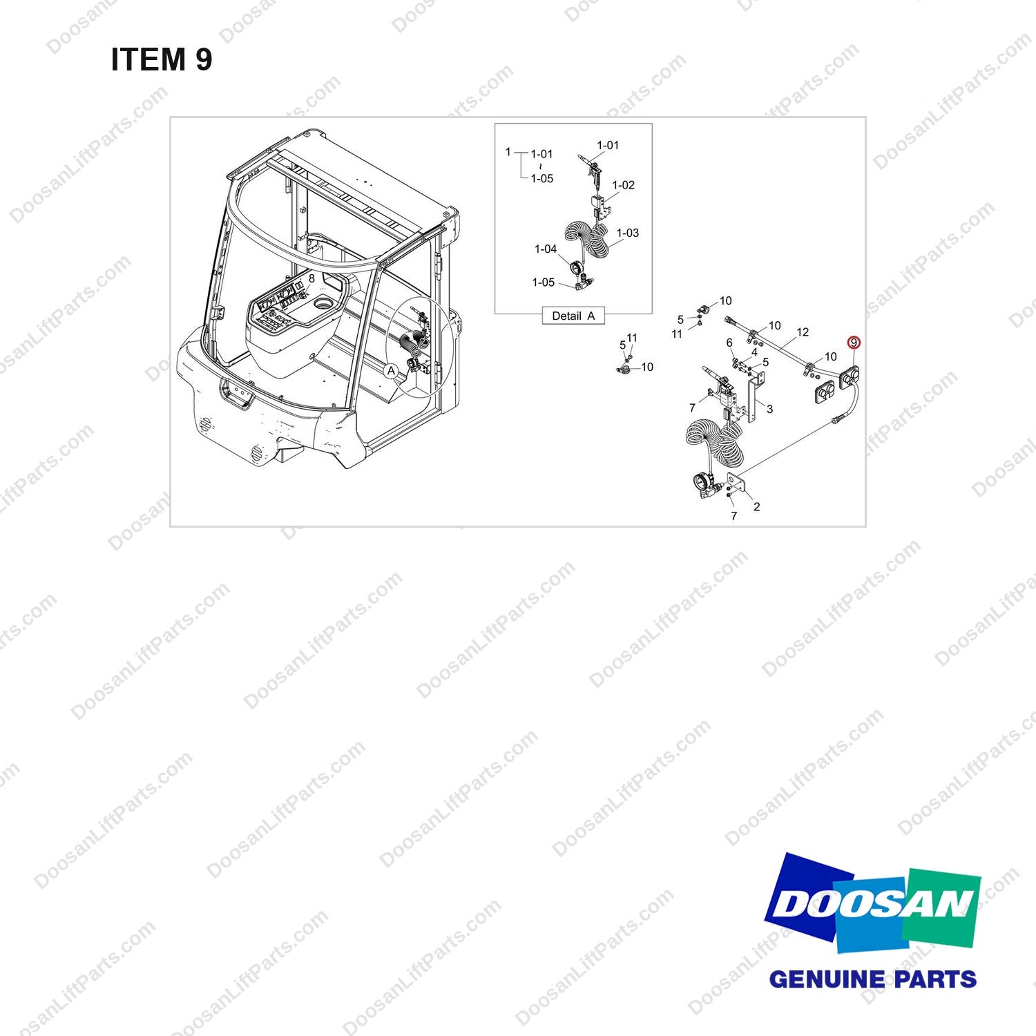 430221-02356 AIR GUN;CABIN - full parts diagram, item 9 marked - genuine Doosan / Bobcat forklift part