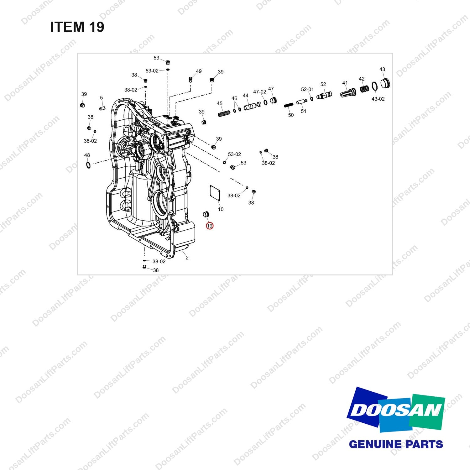 430221-02512 HOUSING GROUP - full parts diagram, item 19 marked - genuine Doosan / Bobcat forklift part