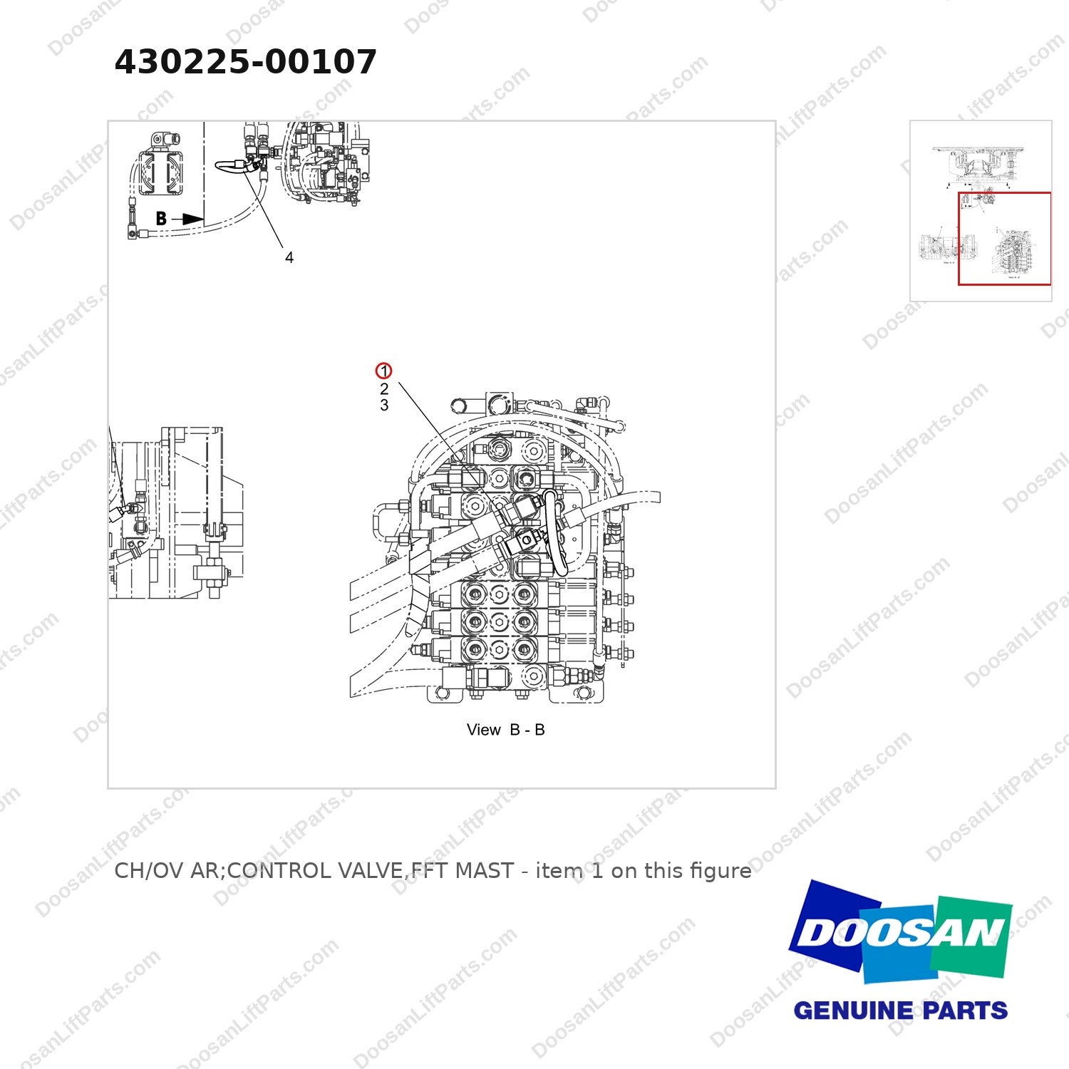 430225-00107 CH/OV AR;CONTROL VALVE,FFT MAST - parts diagram, item 1 shown - genuine Doosan / Bobcat forklift part