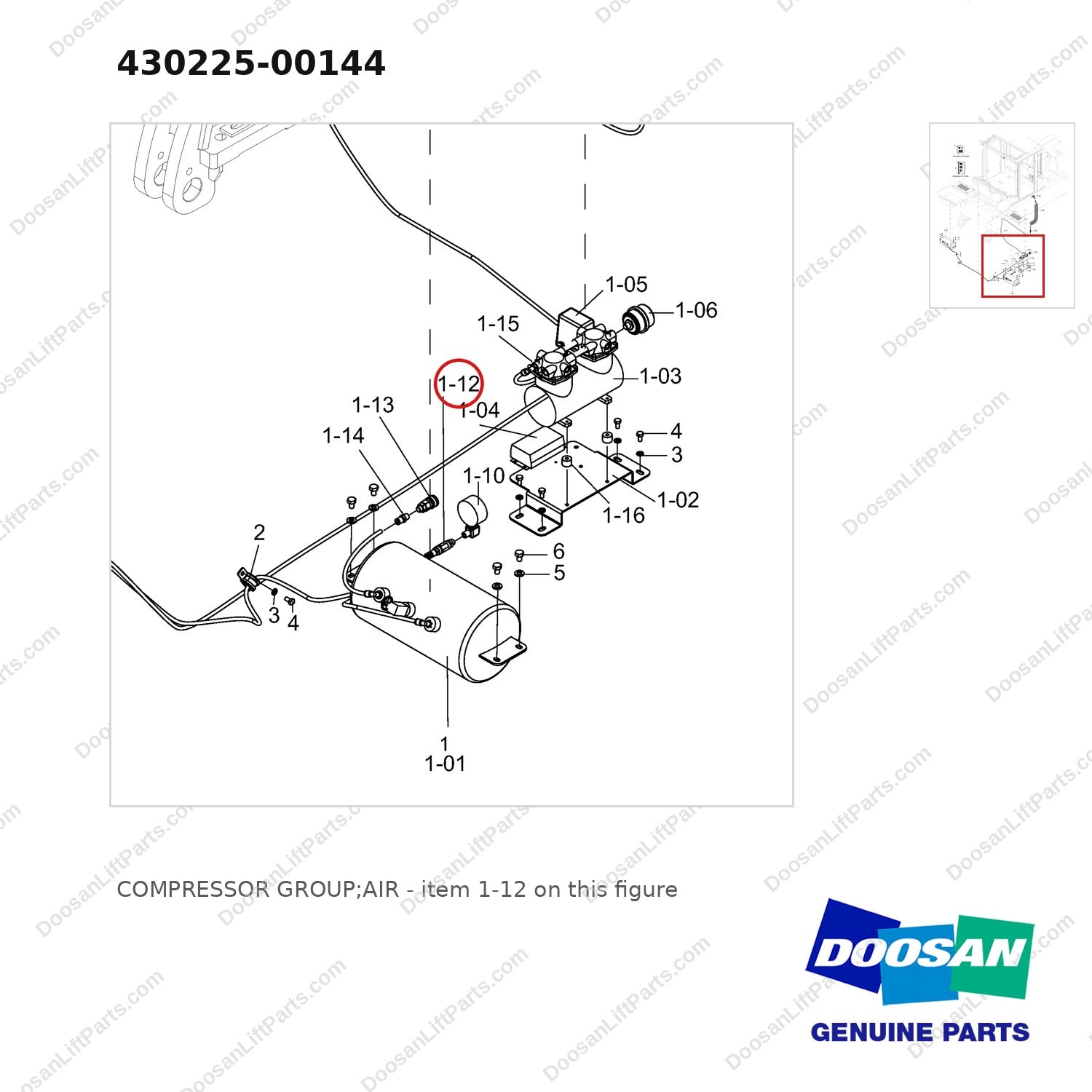 430225-00144 COMPRESSOR GROUP;AIR - parts diagram, item 1-12 shown - genuine Doosan / Bobcat forklift part