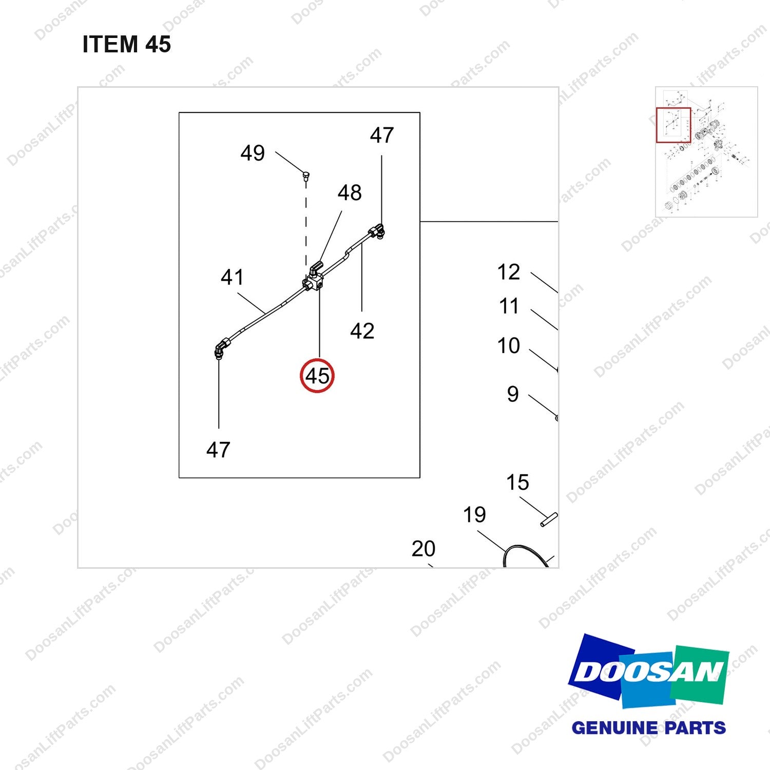 430225-00474 AXLE,DRIVE;DD20B - parts diagram, item 45 shown - genuine Doosan / Bobcat forklift part