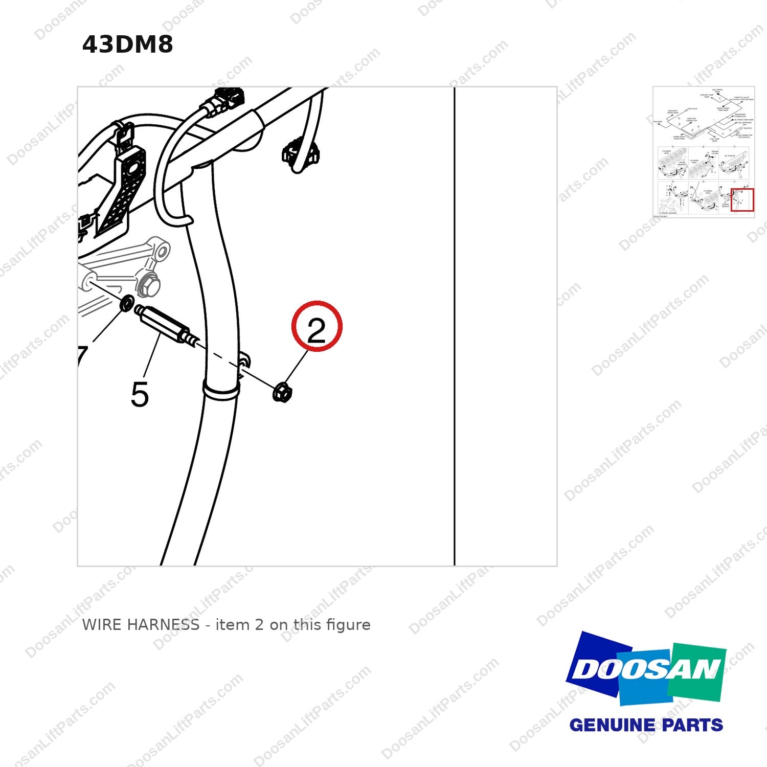 43DM8 WIRE HARNESS - parts diagram, item 2 shown - genuine Doosan / Bobcat forklift part