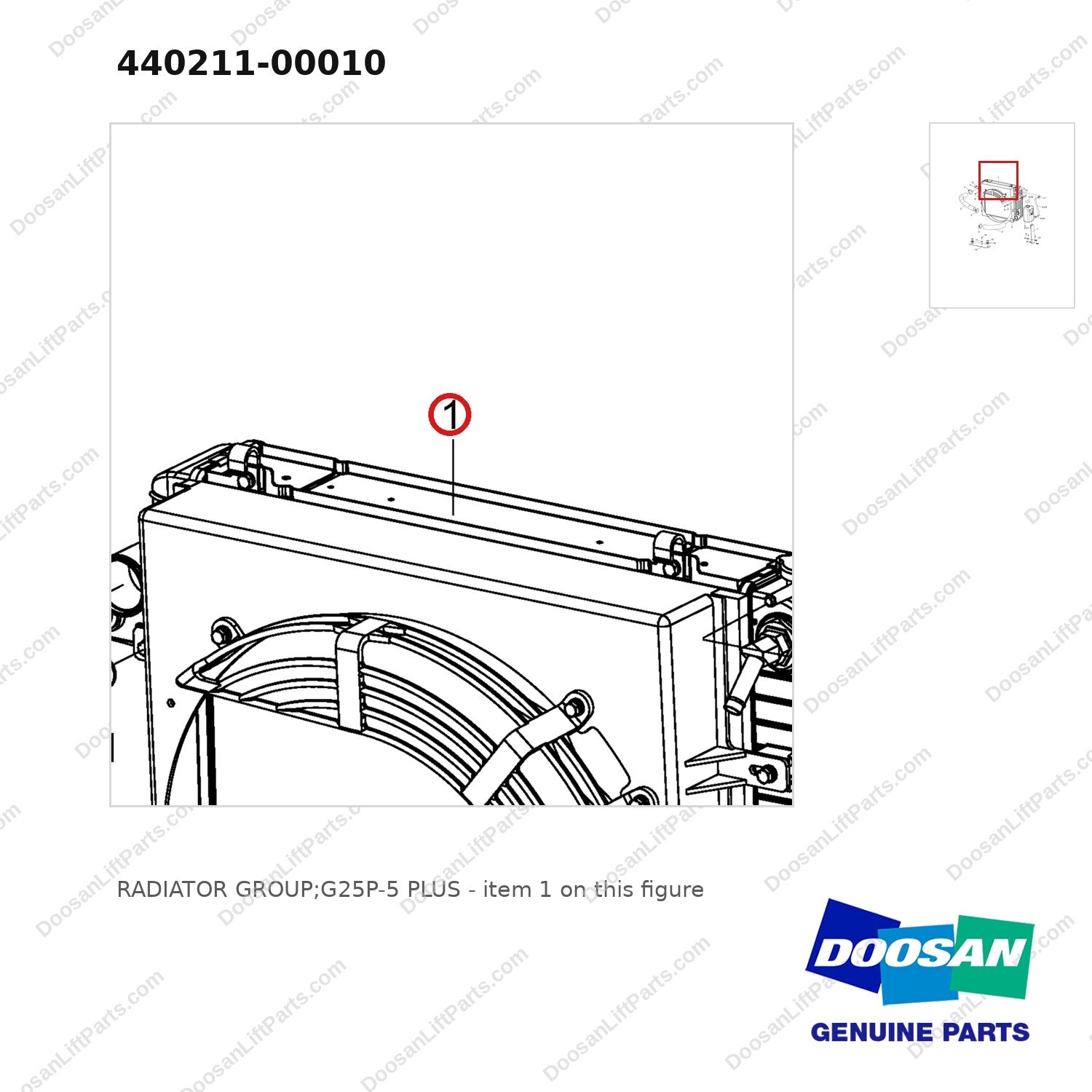 440211-00010 RADIATOR GROUP;G25P-5 PLUS - parts diagram, item 1 shown - genuine Doosan / Bobcat forklift part